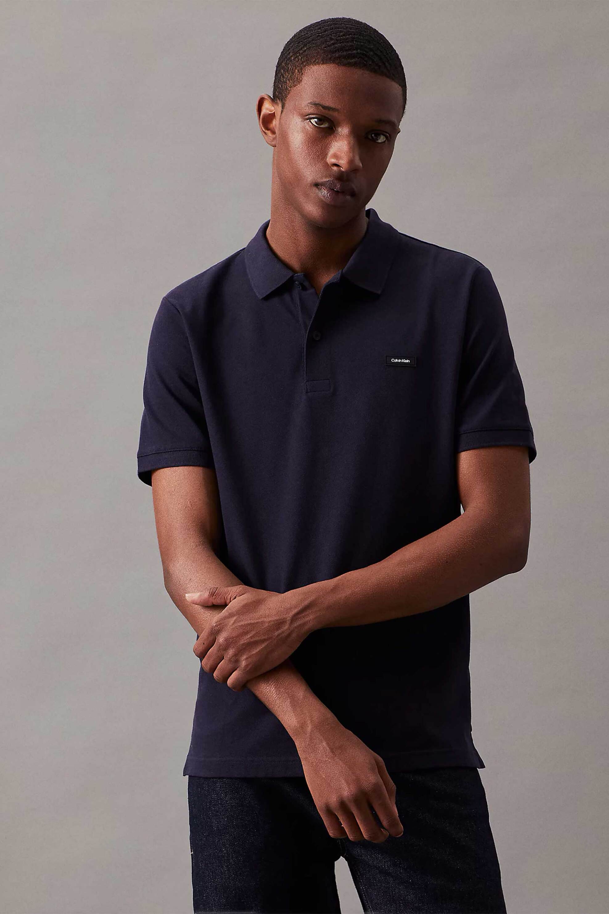 Calvin Klein ανδρική μπλούζα πόλο πικέ κοντομάνικη με logo patch Slim Fit - K10K111196 Μπλε Σκούρο