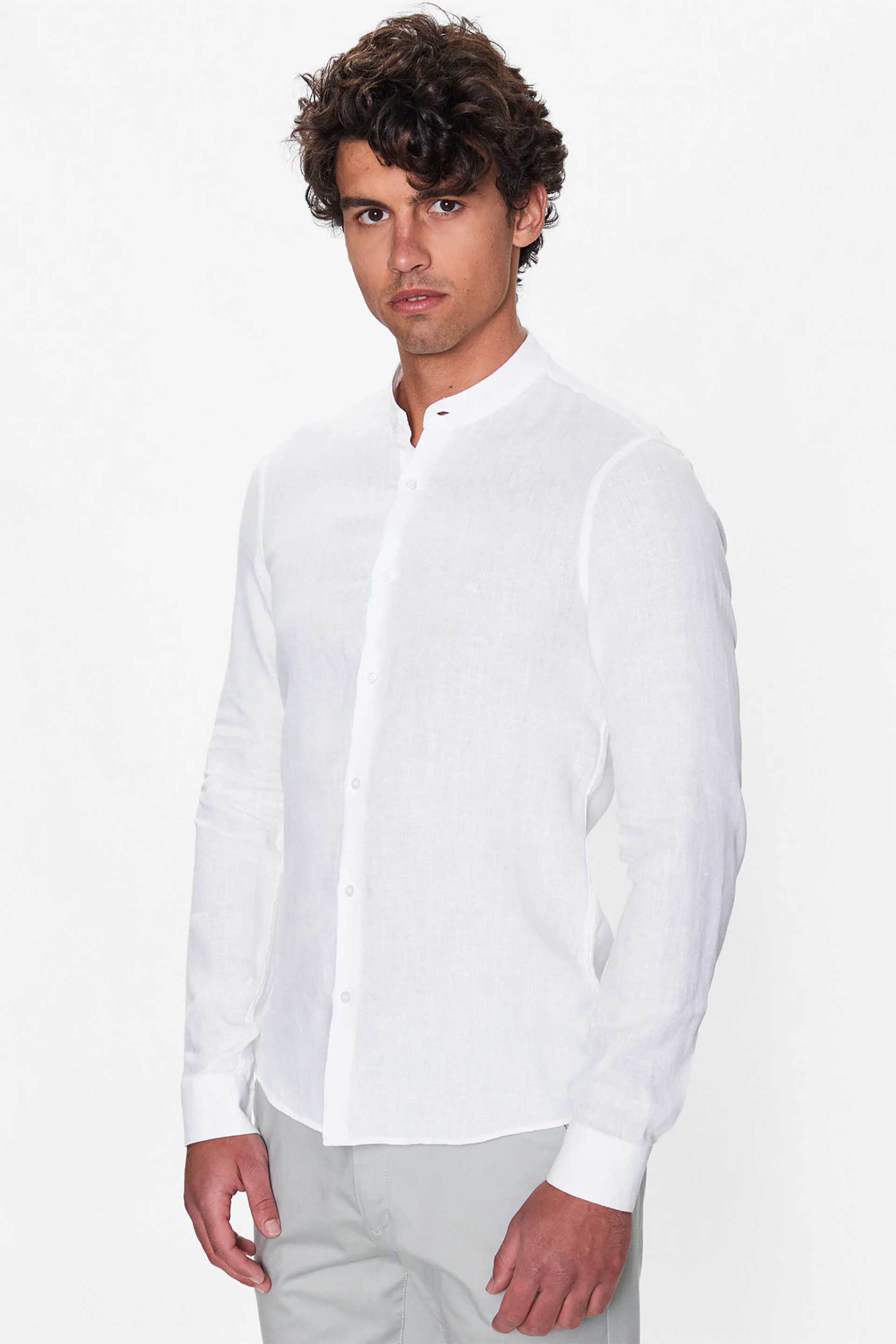 Calvin Klein ανδρικό λινό πουκάμισο μάο με κεντημένο monogram Slim Fit - K10K109511 Λευκό