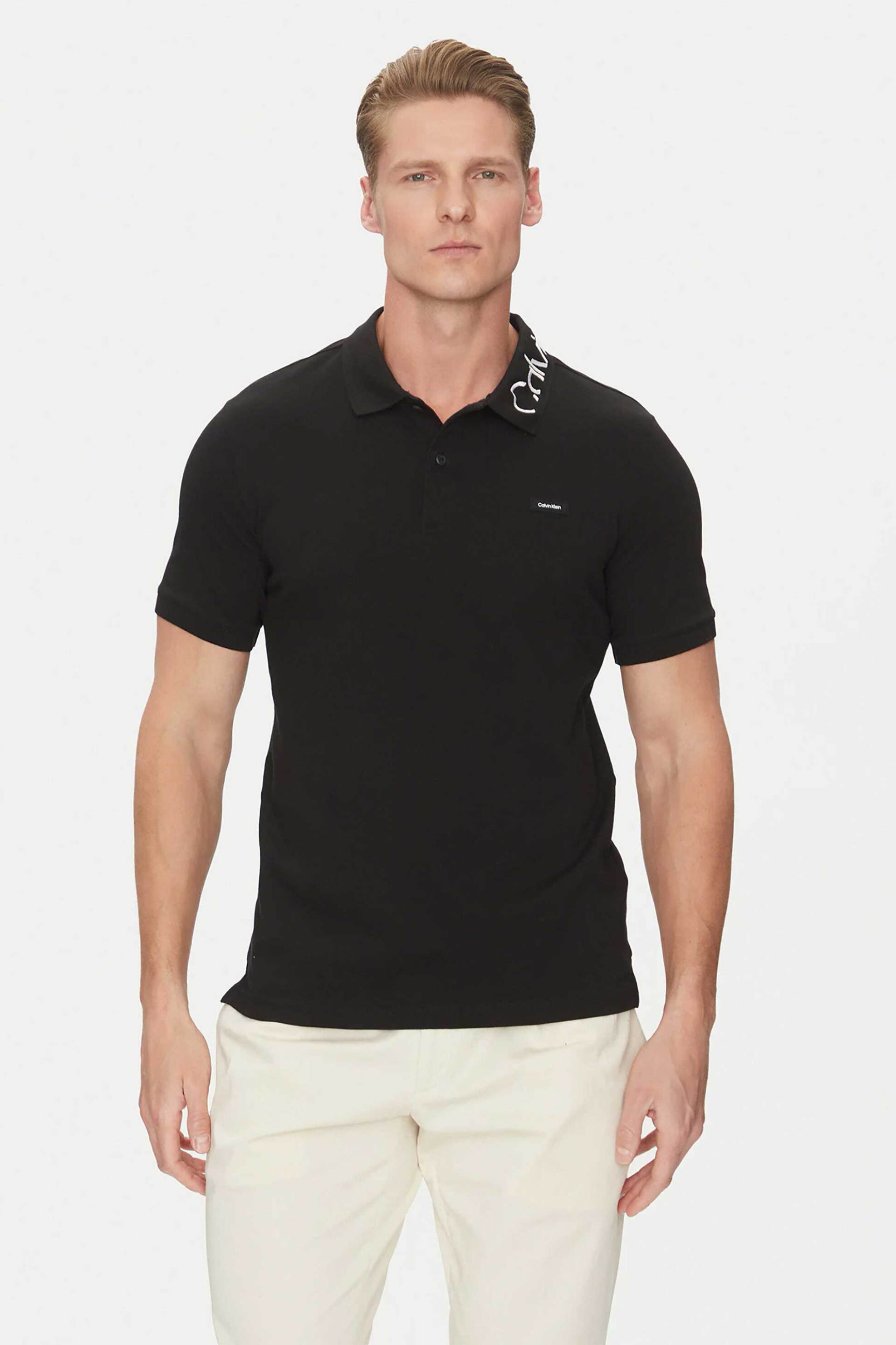 Calvin Klein ανδρική μπλούζα πόλο πικέ κοντομάνικη με logo patch Regular Fit - K10K114474 Μαύρο