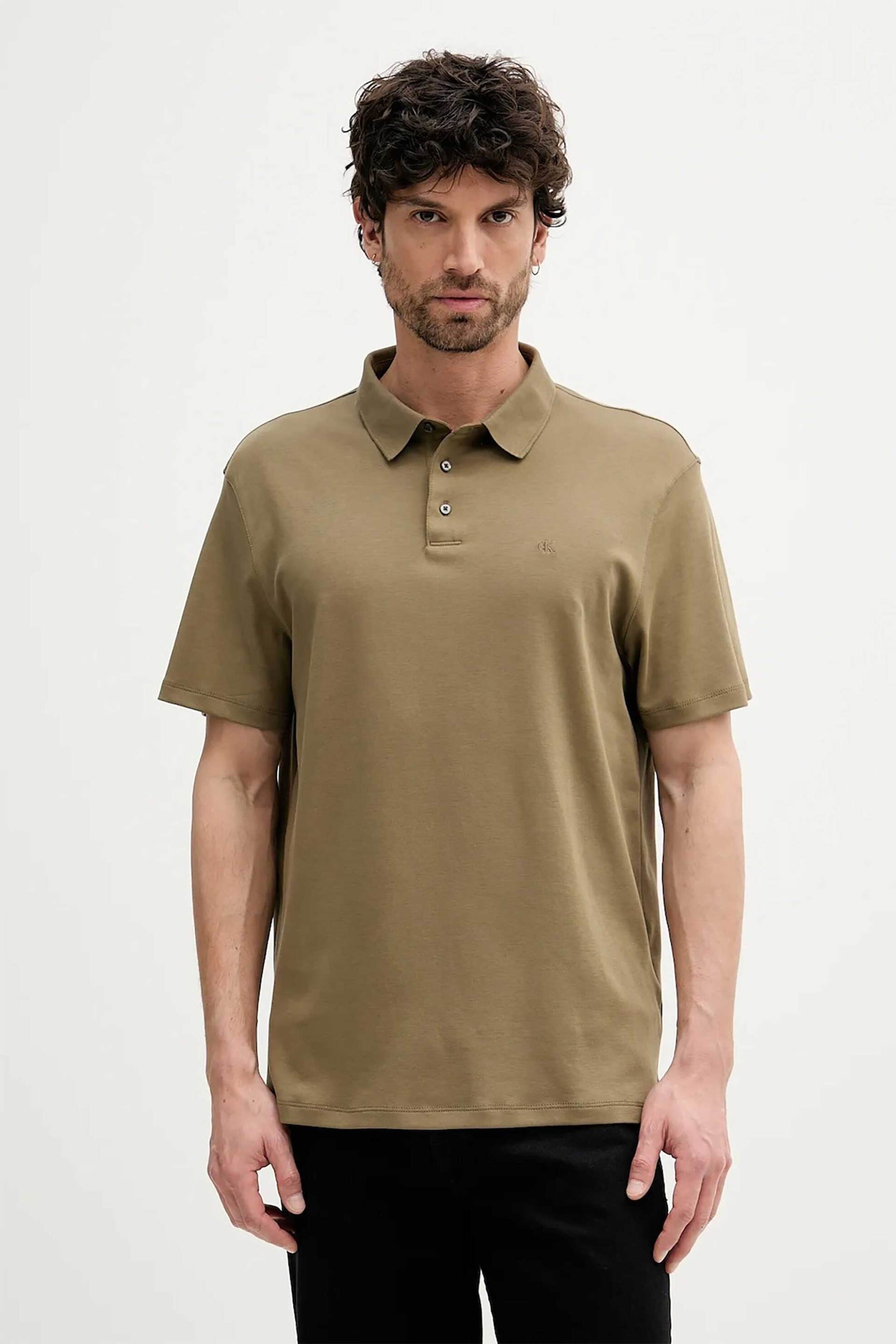 Calvin Klein ανδρική μπλούζα πόλο με κεντημένο monogram Regular Fit - LV04LB276G Καφέ Ανοιχτό