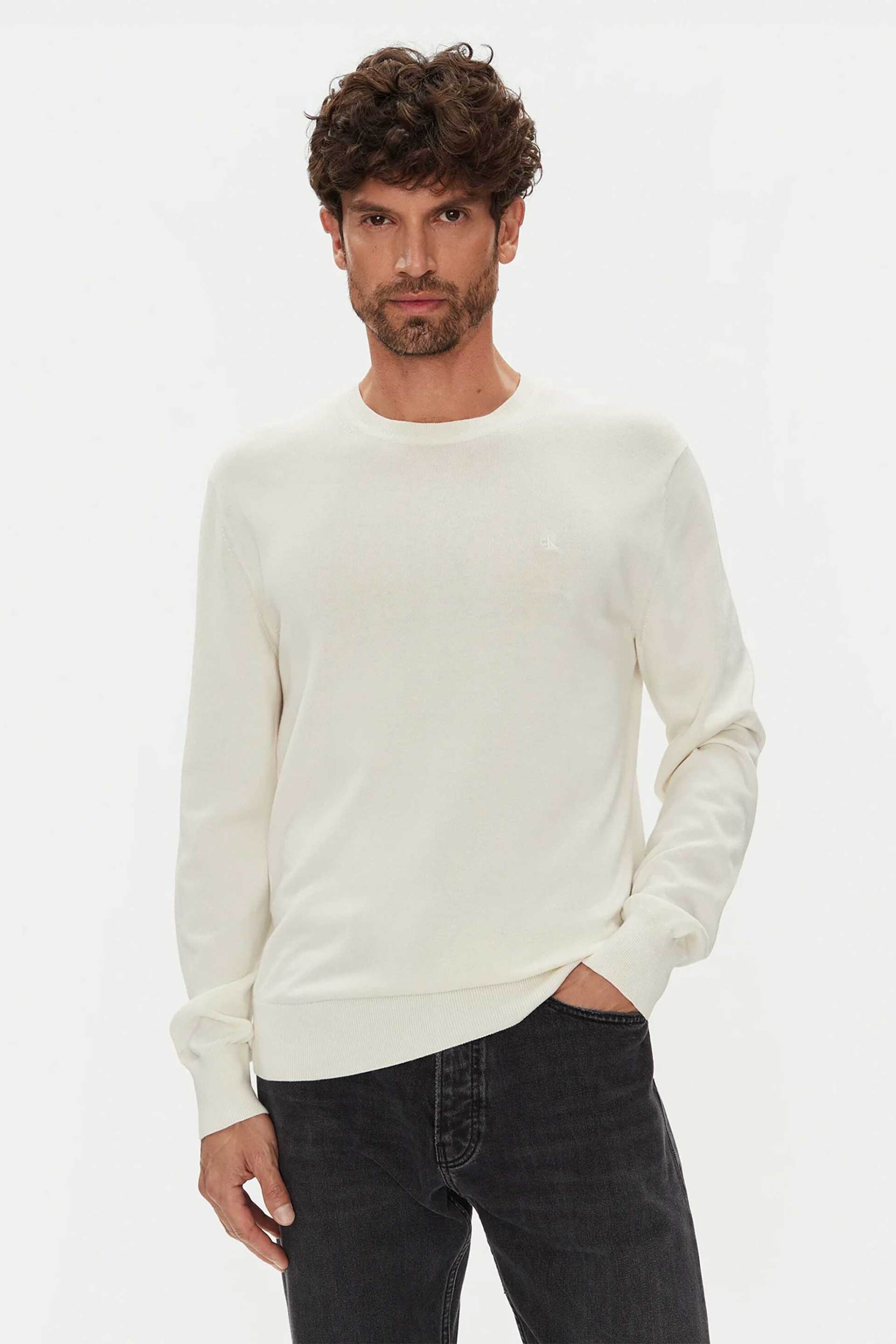 Calvin Klein ανδρικό πουλόβερ μονόχρωμο Regular Fit - LV040BM343 Εκρού