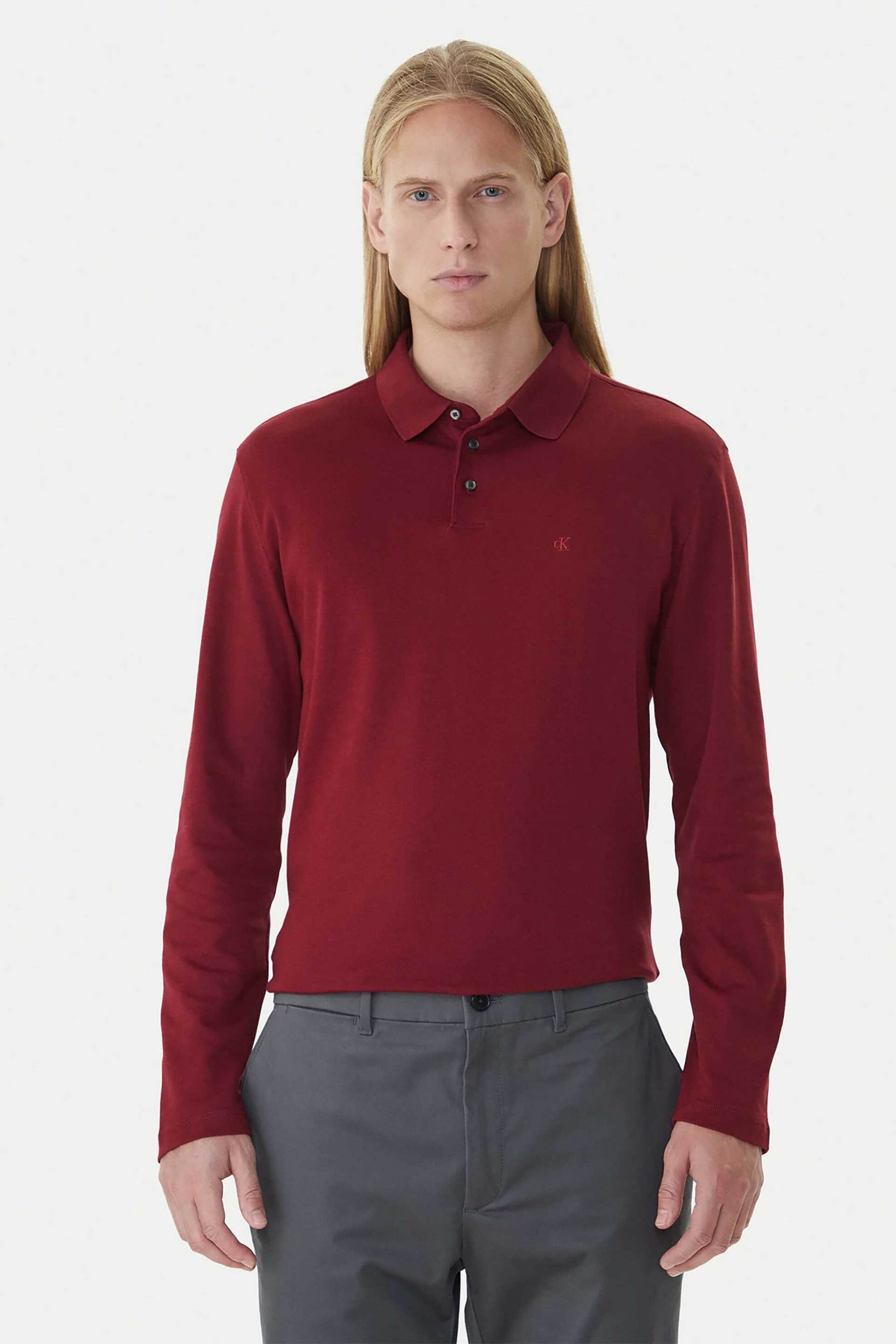 Calvin Klein ανδρική μπλούζα πόλο με κεντημένο monogram Regular Fit - LV040EM909 Μπορντό