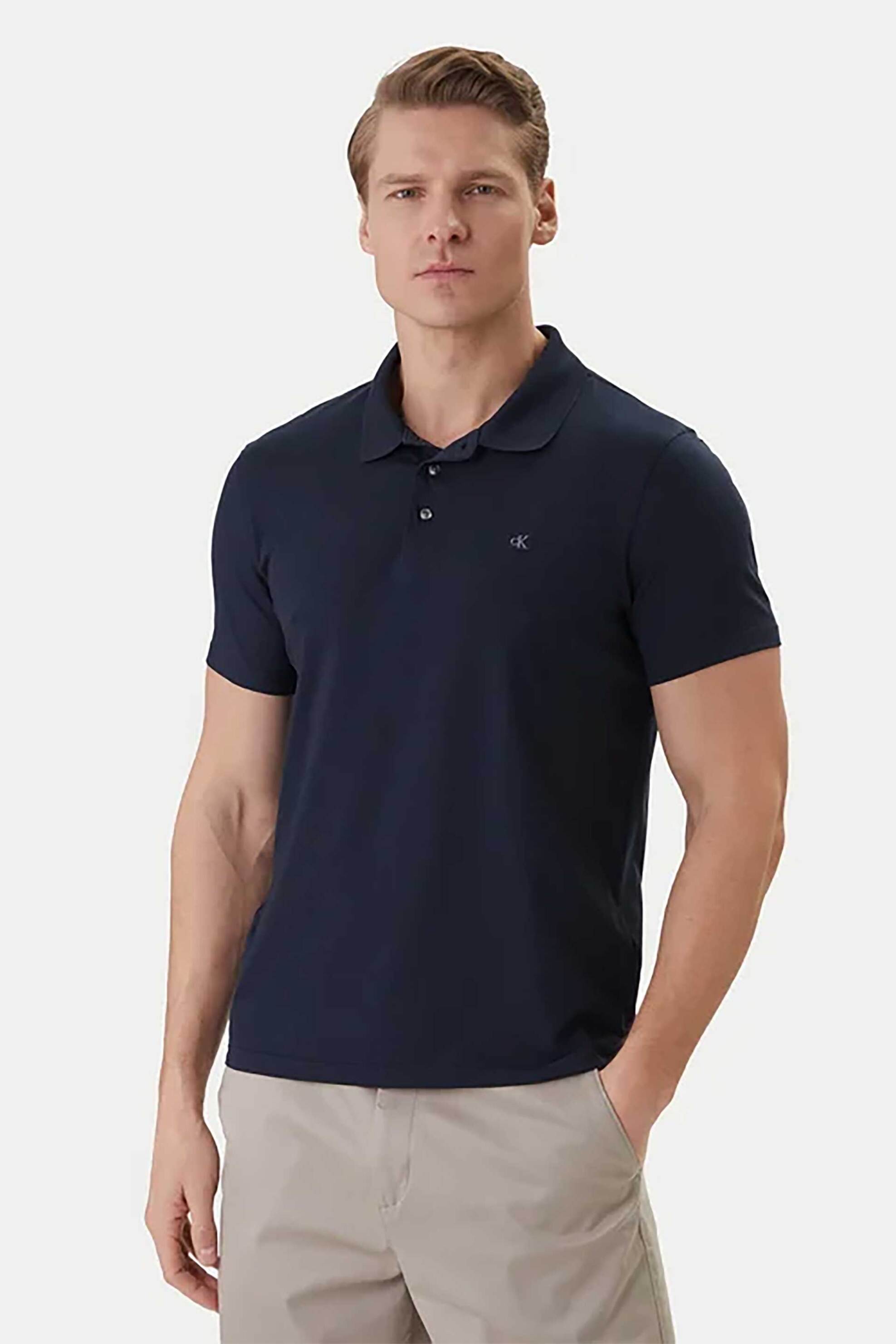 Calvin Klein ανδρική μπλούζα πόλο με κεντημένο monogram Slim Fit - LV04LF200G Μπλε Σκούρο