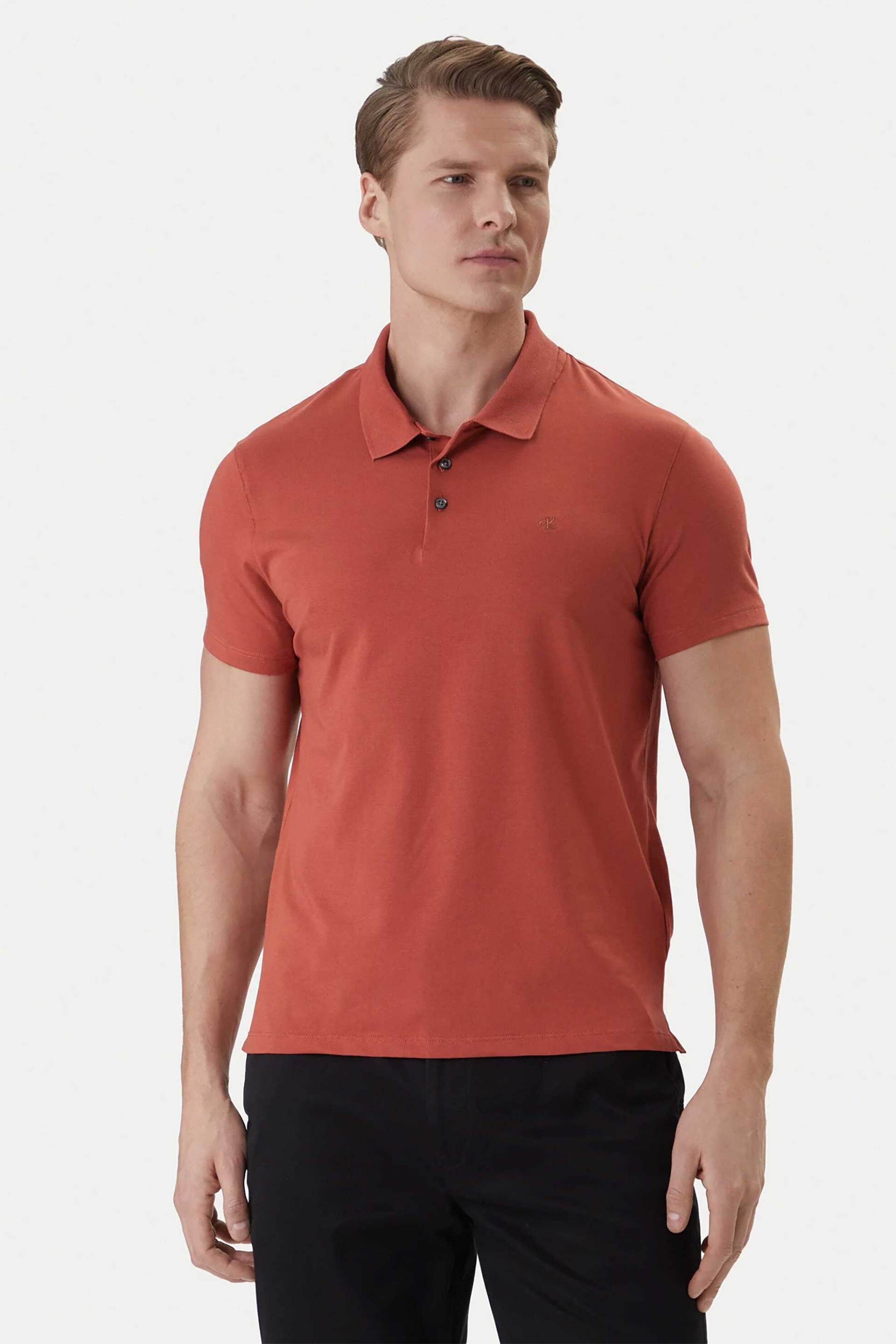 Calvin Klein ανδρική μπλούζα πόλο με κεντημένο monogram Slim Fit - LV04LF200G Πορτοκαλί