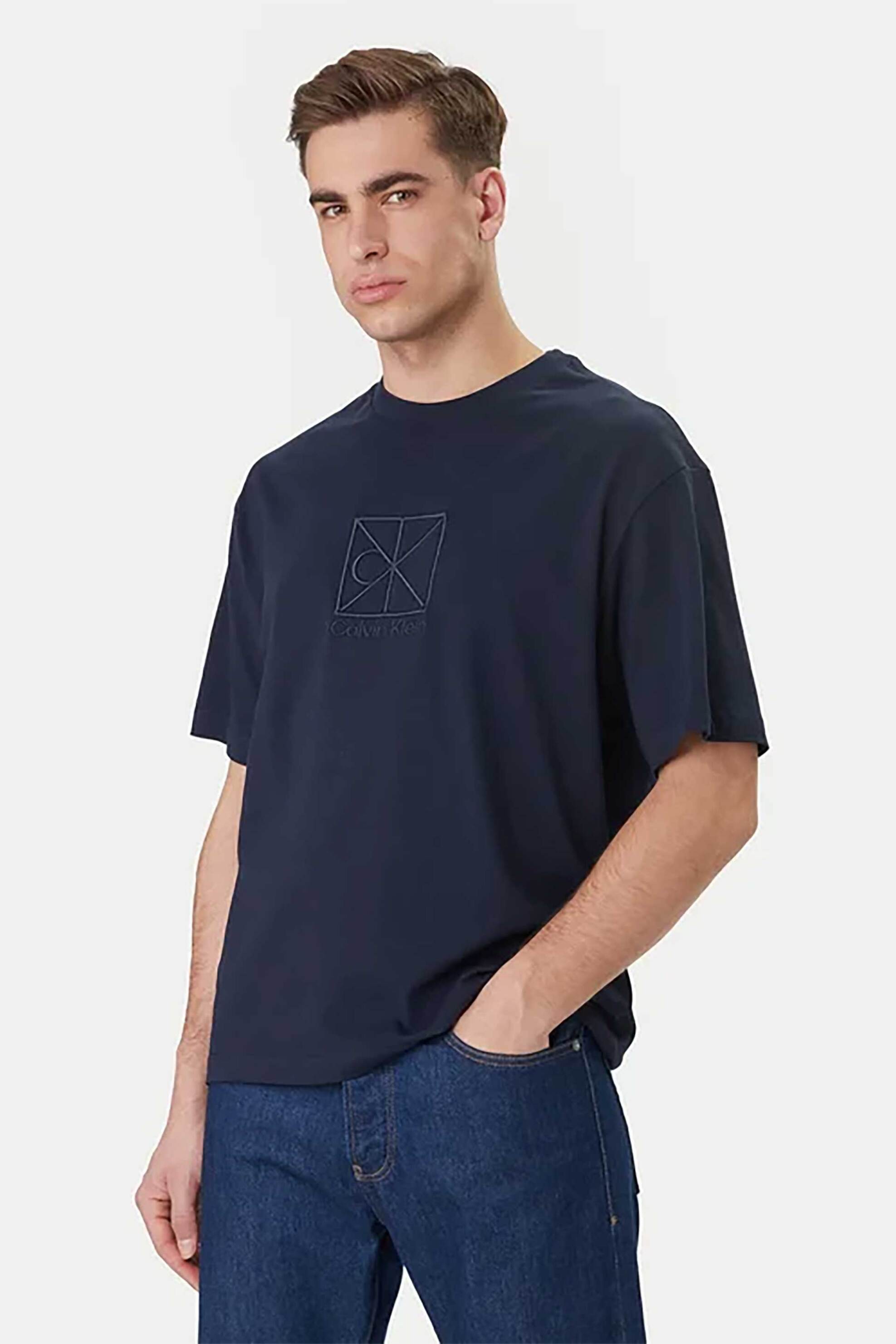 Calvin Klein ανδρικό T-shirt με ανάγλυφο λογότυπο - LV14RF817G Μπλε Σκούρο