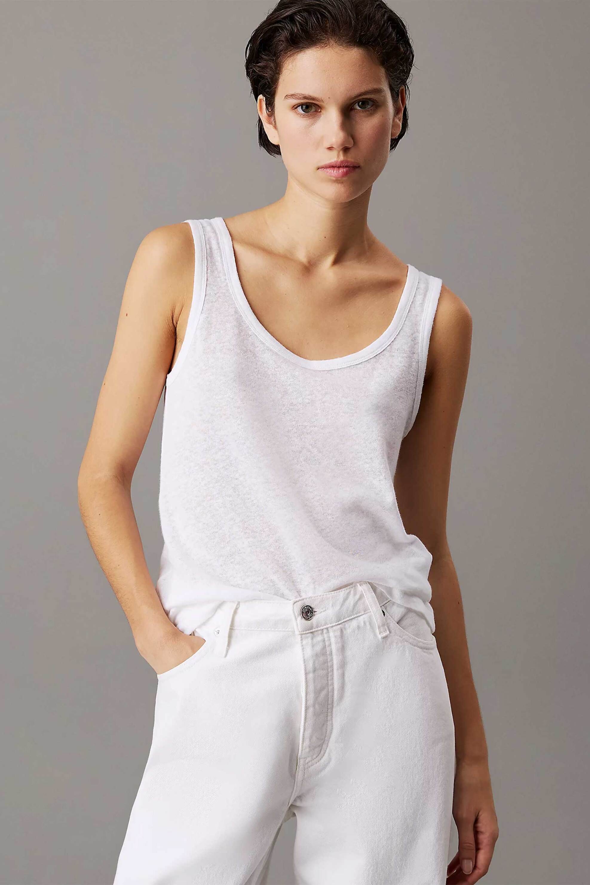 Calvin Klein Calvin Klein γυναικείο αμάνικο τοπ με λινάρι Slim Fit - K20K208396 Λευκό 2025