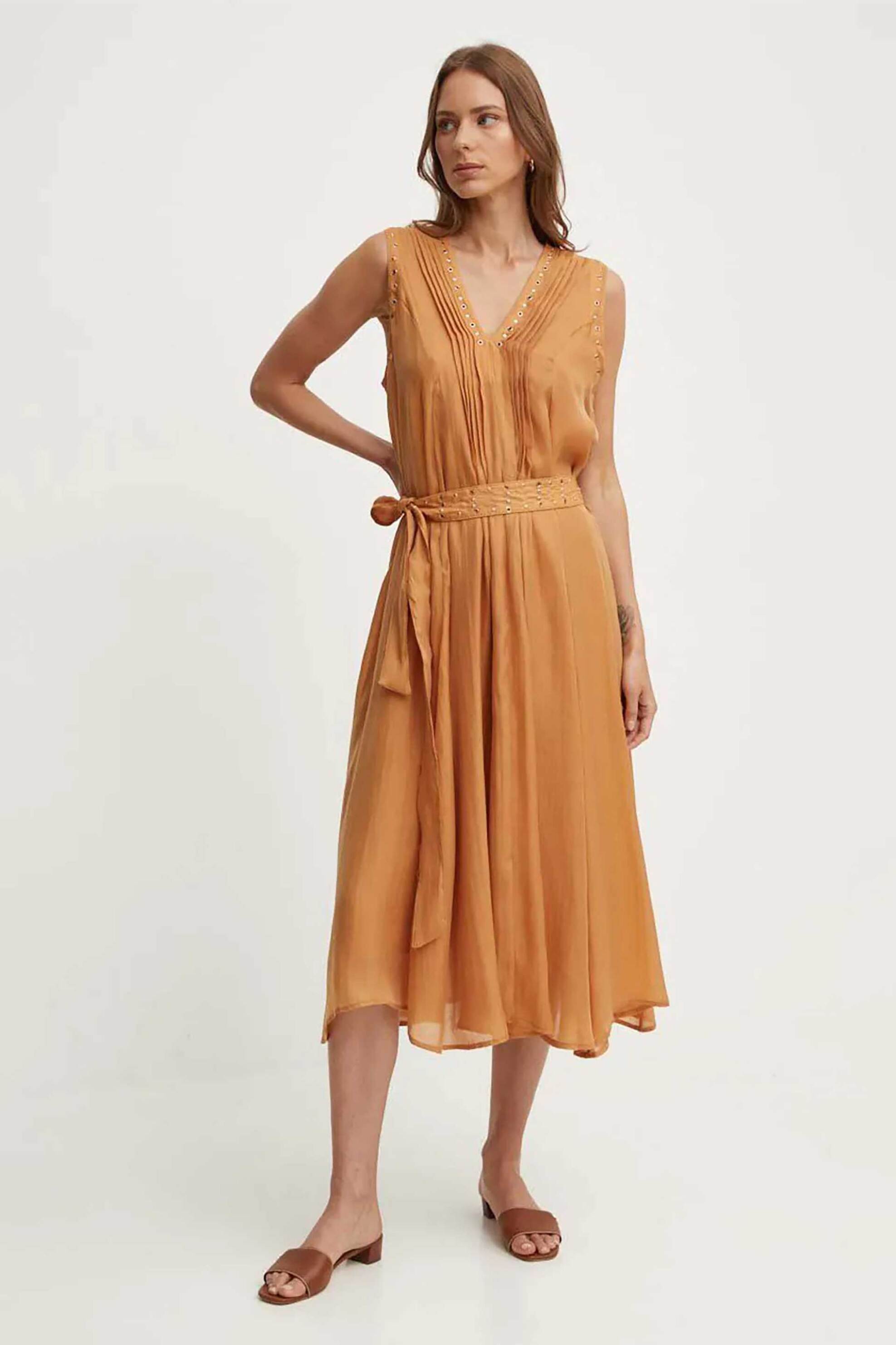 DKNY γυναικείο midi φόρεμα με πλισέ σχέδιο και διακοσμητικά τρουκς Regular Fit - P4EBTX69 Σομόν