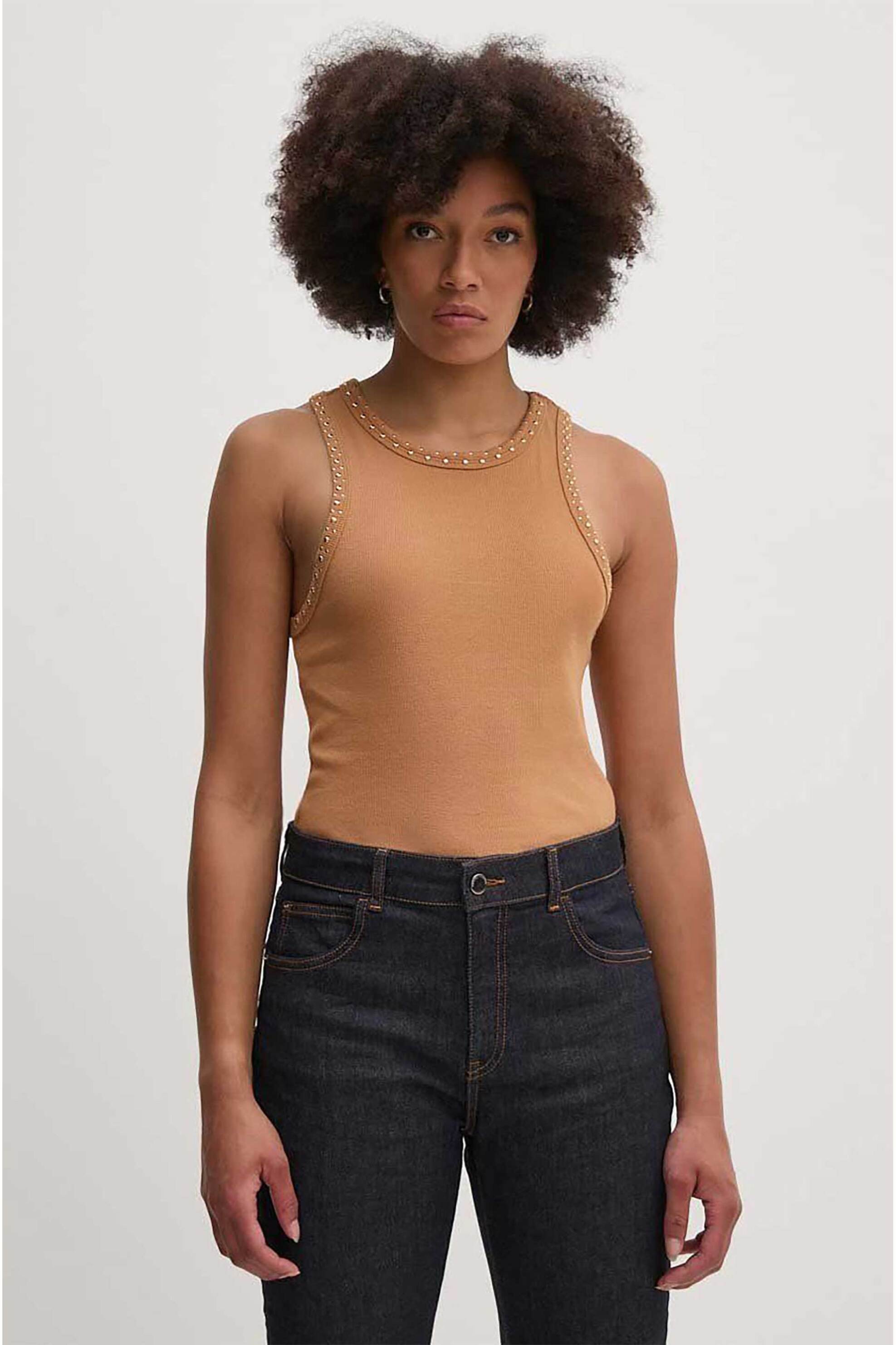 DKNY γυναικείο τοπ αμάνικο ribbed με διακοσμητικά στρας - P4EH6XND Καφέ Ανοιχτό