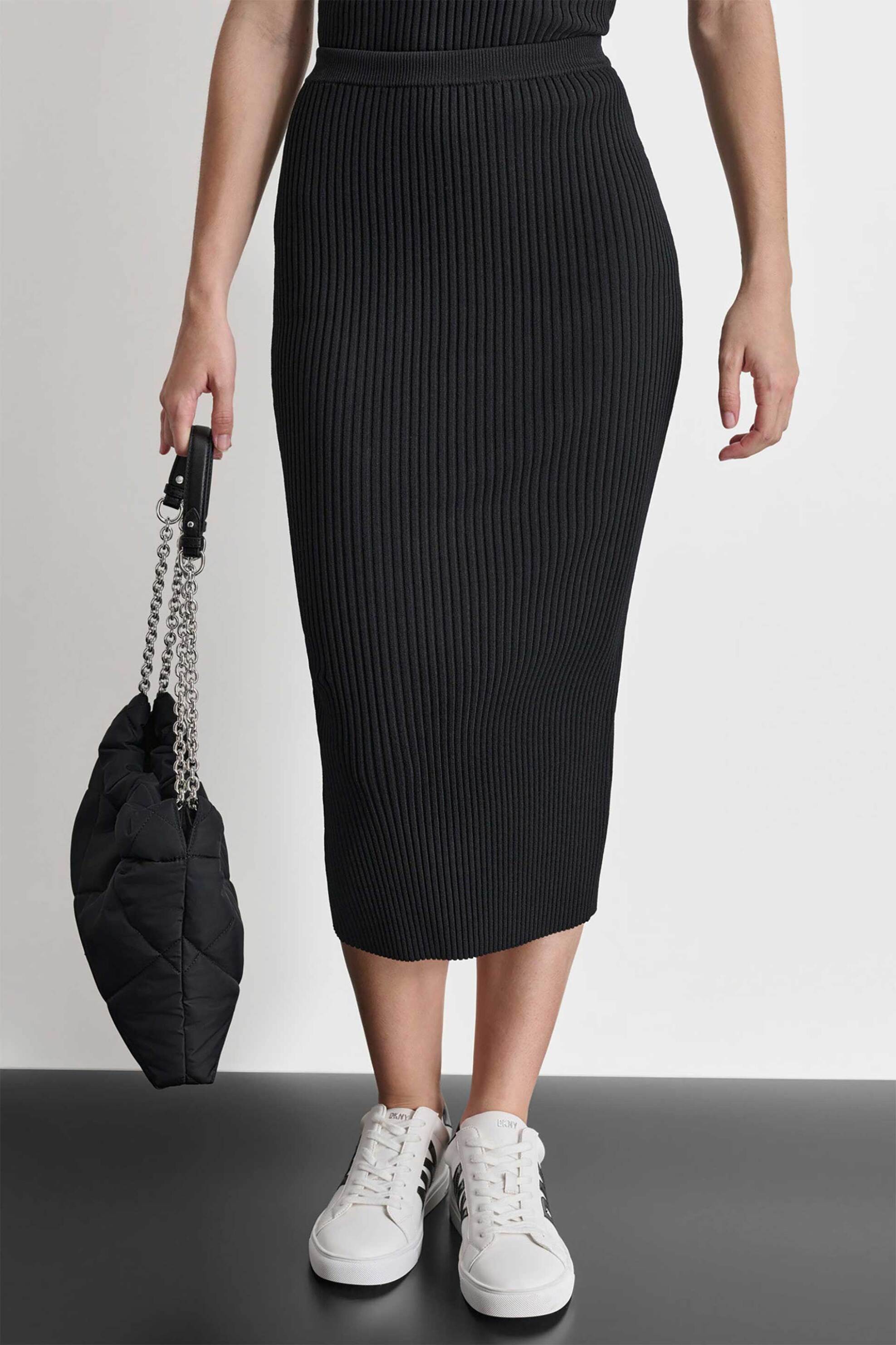 DKNY γυναικεία midi φούστα ribbed με logo patch και σκίσιμο - D2E4A122 Μαύρο φωτογραφία