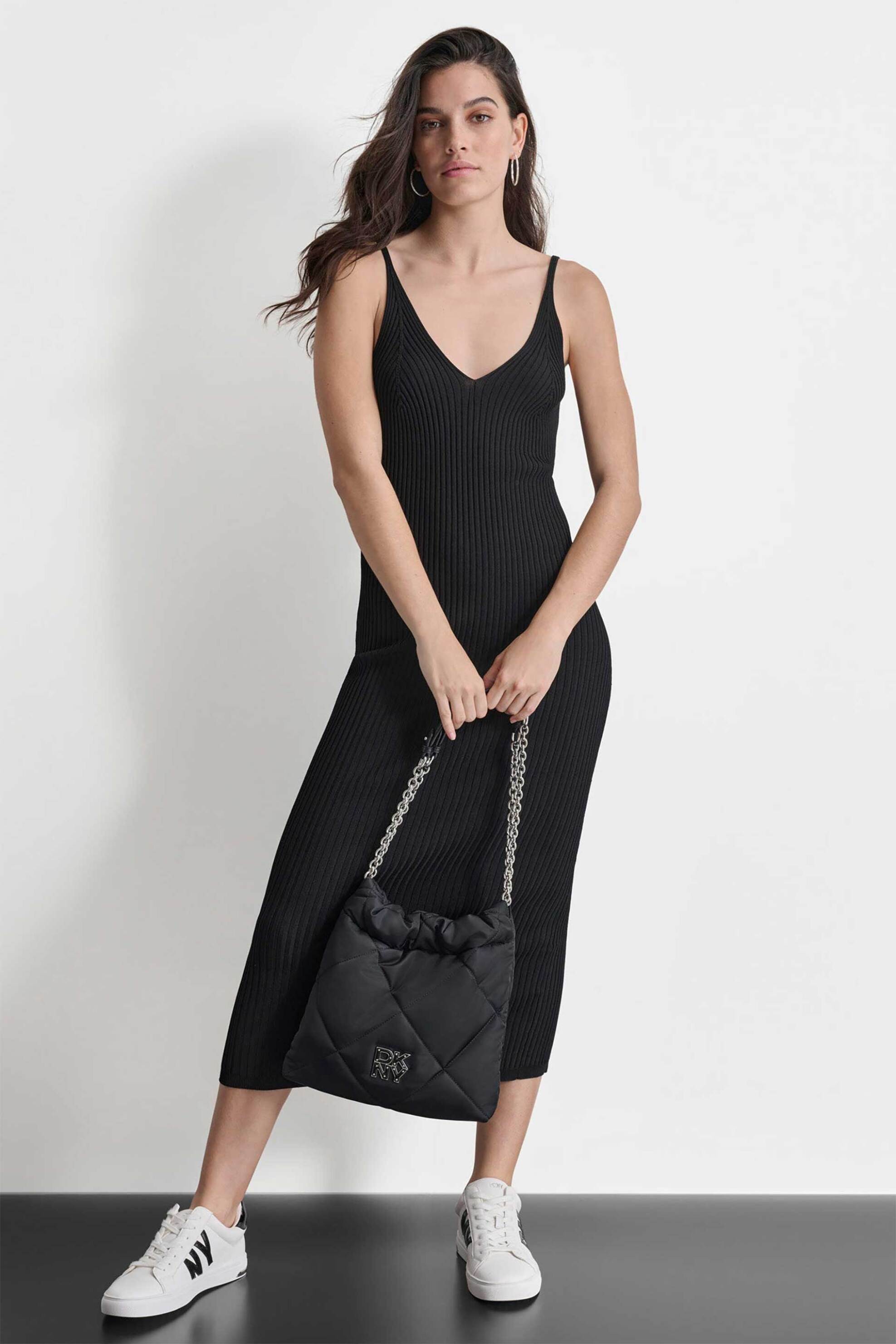 DKNY DKNY γυναικείο midi φόρεμα ribbed με logo patch - D2E4A125 Μαύρο
