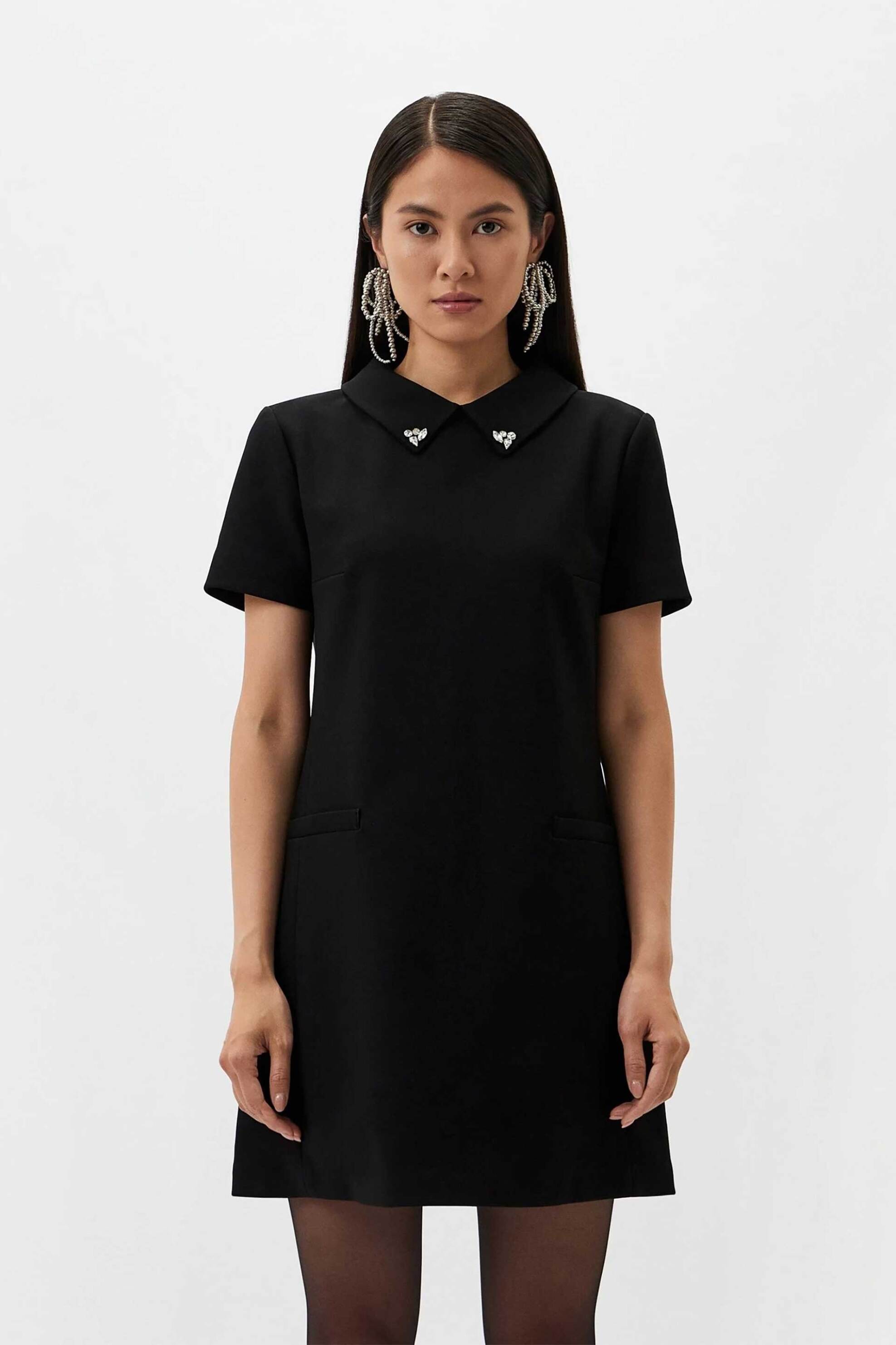 DKNY γυναικείο mini φόρεμα μονόχρωμο με γιακά - D2G4A191 Μαύρο