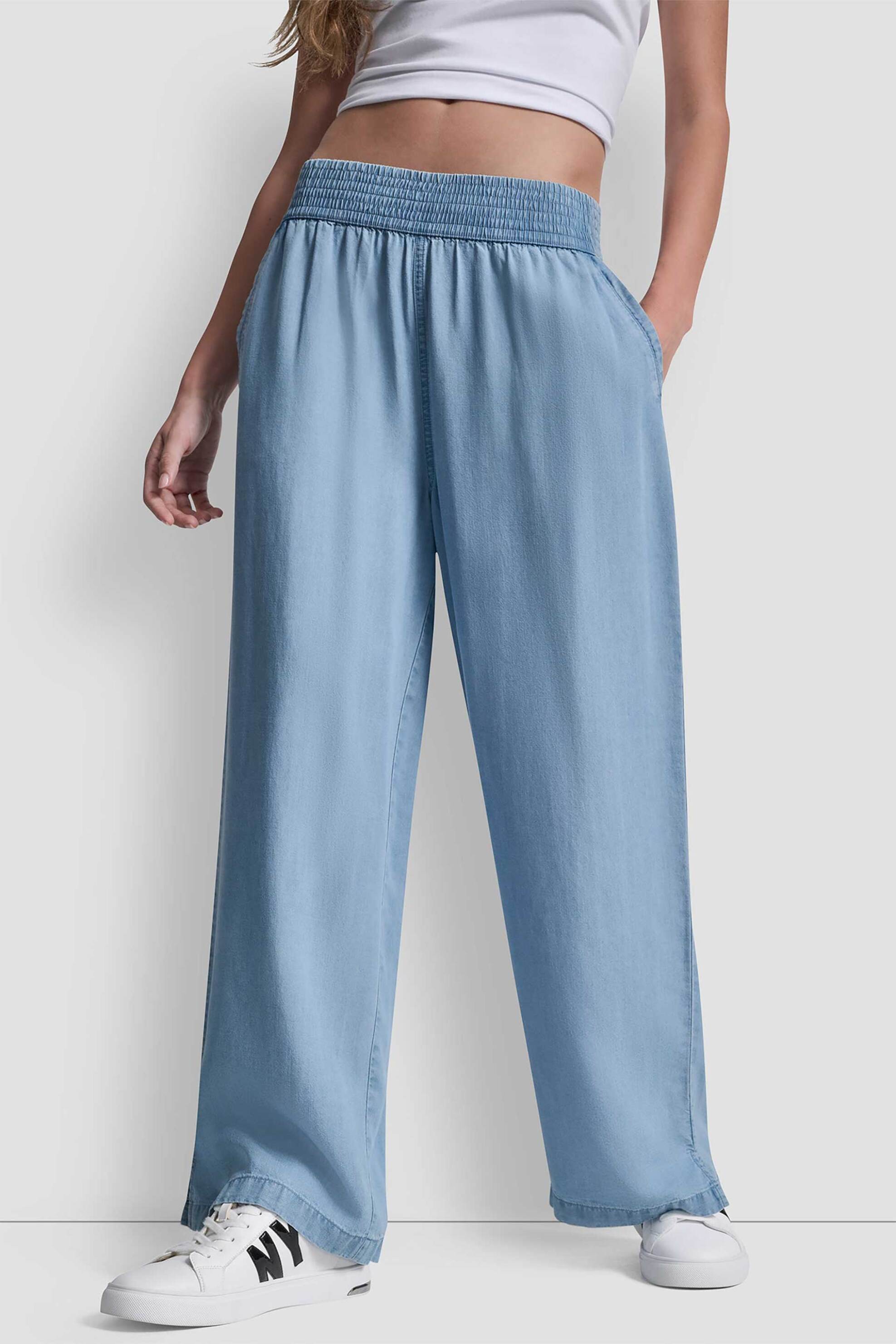 DKNY DKNY γυναικείο παντελόνι μονόχρωμο με ελαστική μέση Wide Leg - DJ4P3006 Denim Blue - 2