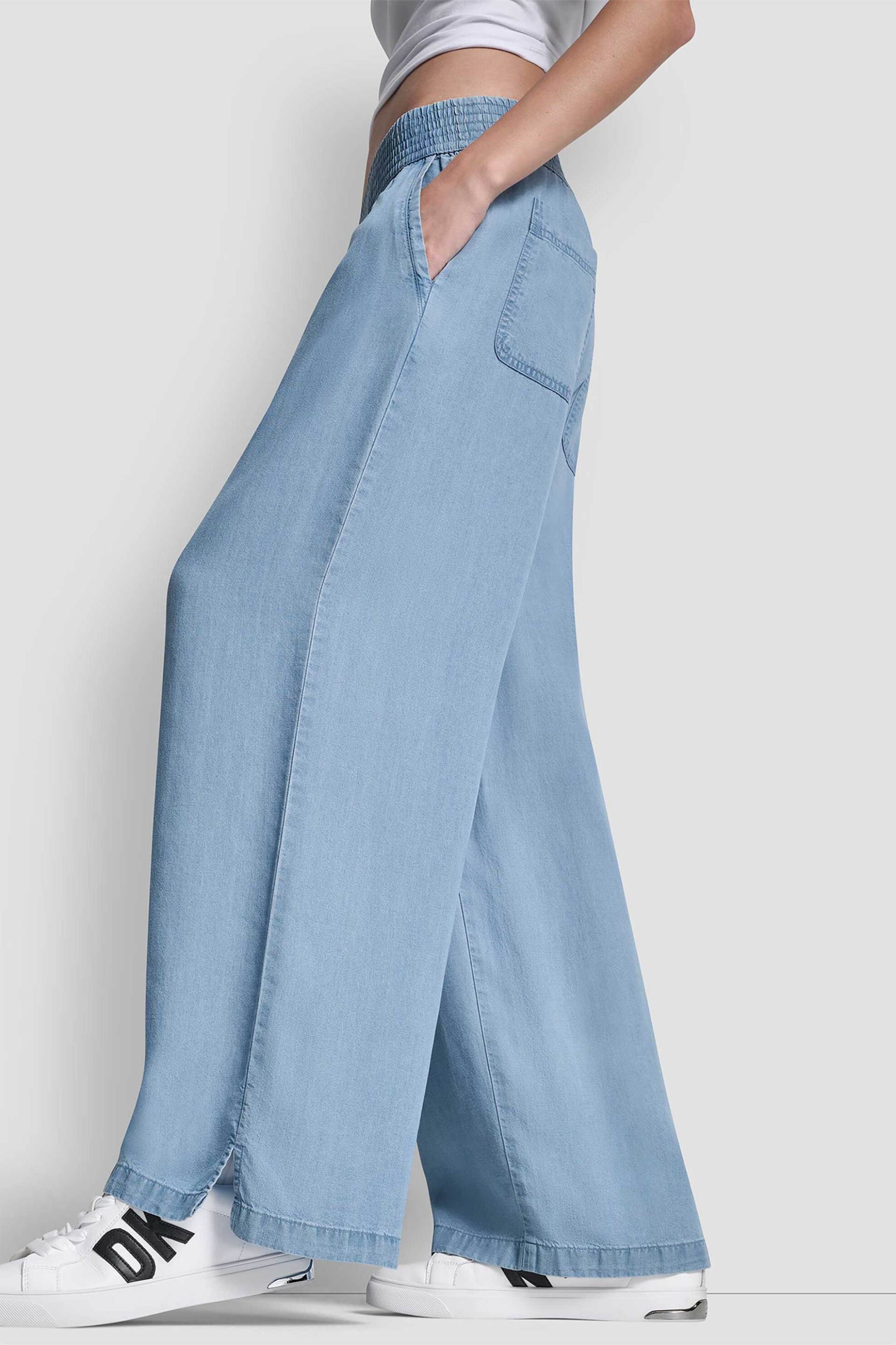 DKNY DKNY γυναικείο παντελόνι μονόχρωμο με ελαστική μέση Wide Leg - DJ4P3006 Denim Blue - 3