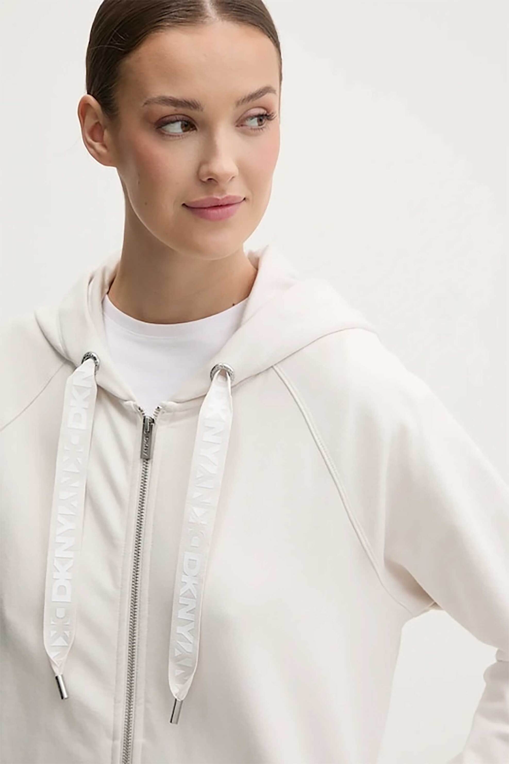 DKNY γυναικεία ζακέτα φούτερ με κουκούλα και ανάγλυφο λογότυπο Relaxed Fit - DP5J9510 Κρέμ φωτογραφία