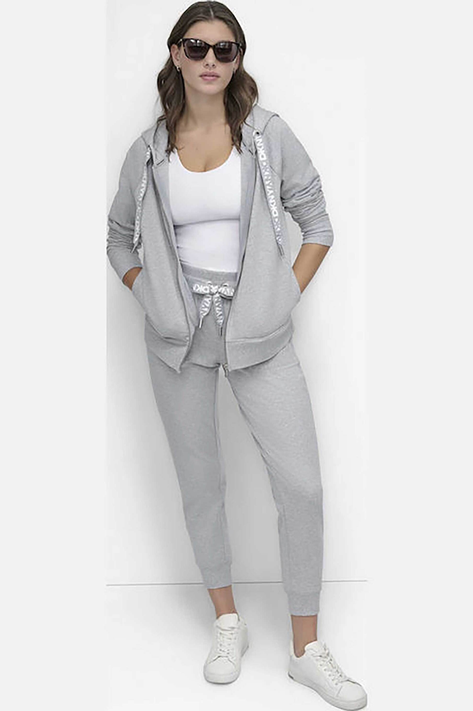 DKNY γυναικεία ζακέτα φούτερ με κουκούλα και ανάγλυφο λογότυπο Relaxed Fit - DP5J9510 Γκρι