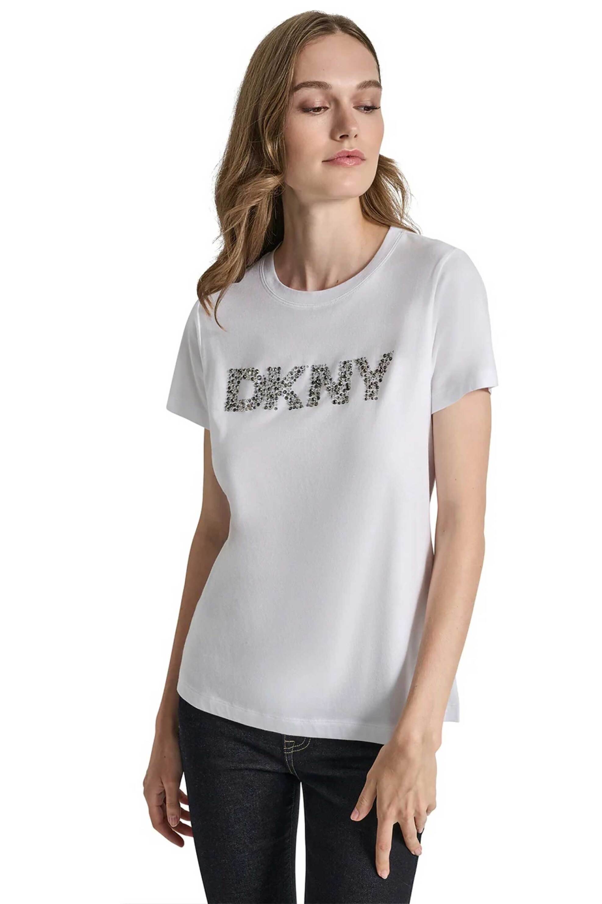 DKNY γυναικείο T-Shirt με logo print από στρας μονόχρωμο - DJ5T1627 Λευκό
