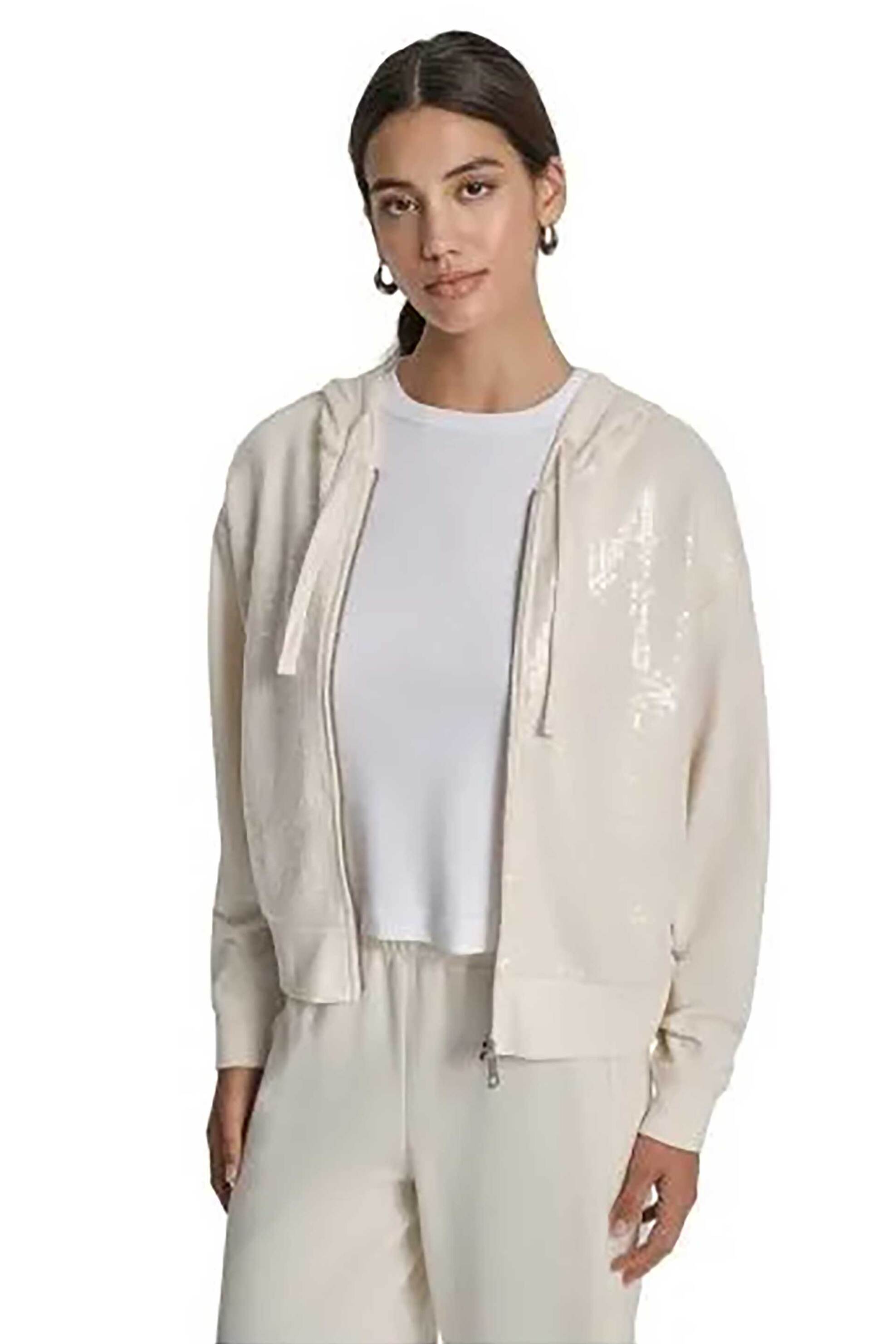 DKNY DKNY γυναικεία ζακέτα φούτερ με κουκούλα και παγιέτες - DJ6J6124 Εκρού
