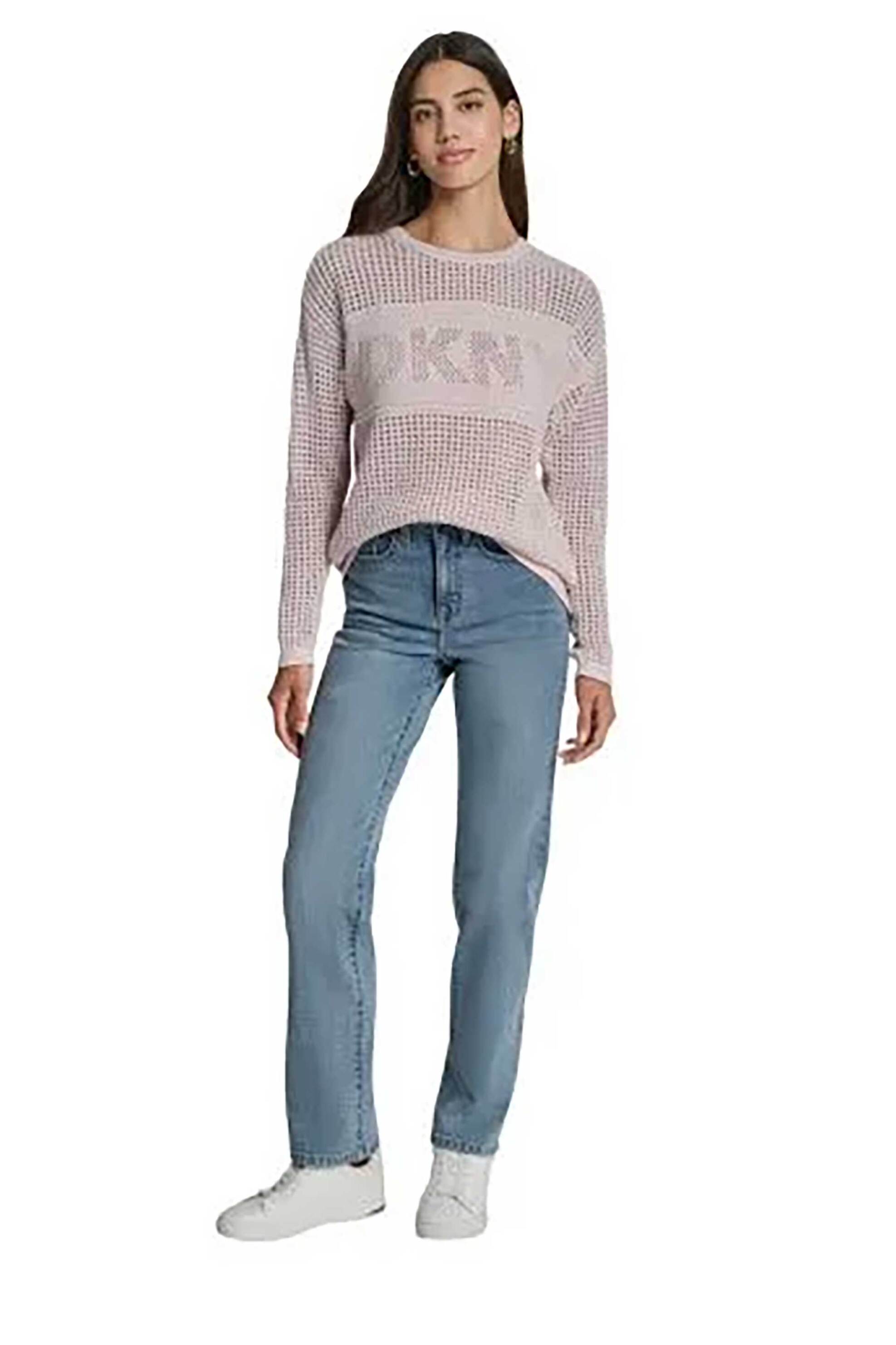 DKNY γυναικείο πουλόβερ με διάτρητο σχέδιο και λογότυπο - DJ6R0962 Μπεζ φωτογραφία