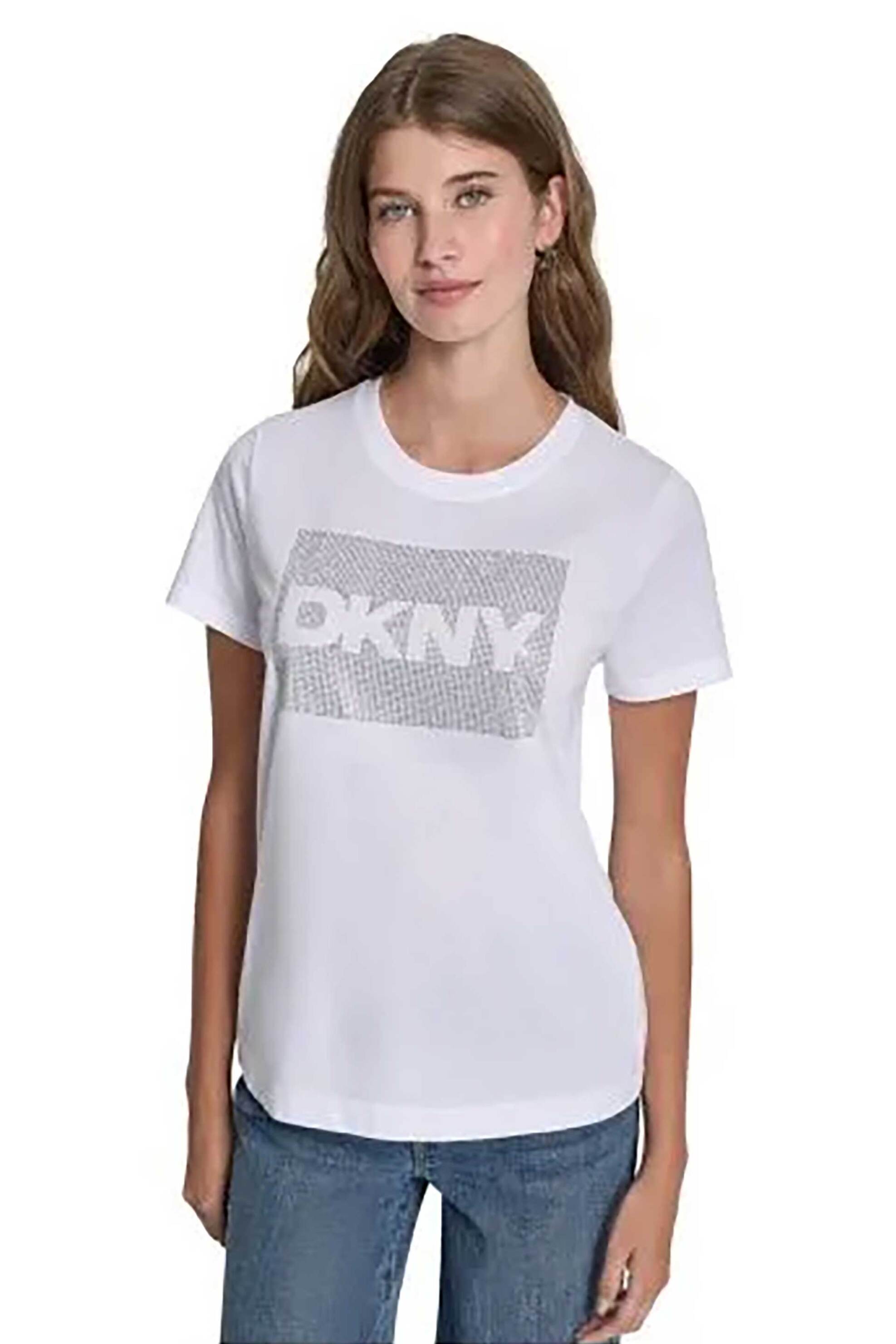 DKNY γυναικείο T-shirt με logo print απο στρας - DJ6T1701 Λευκό