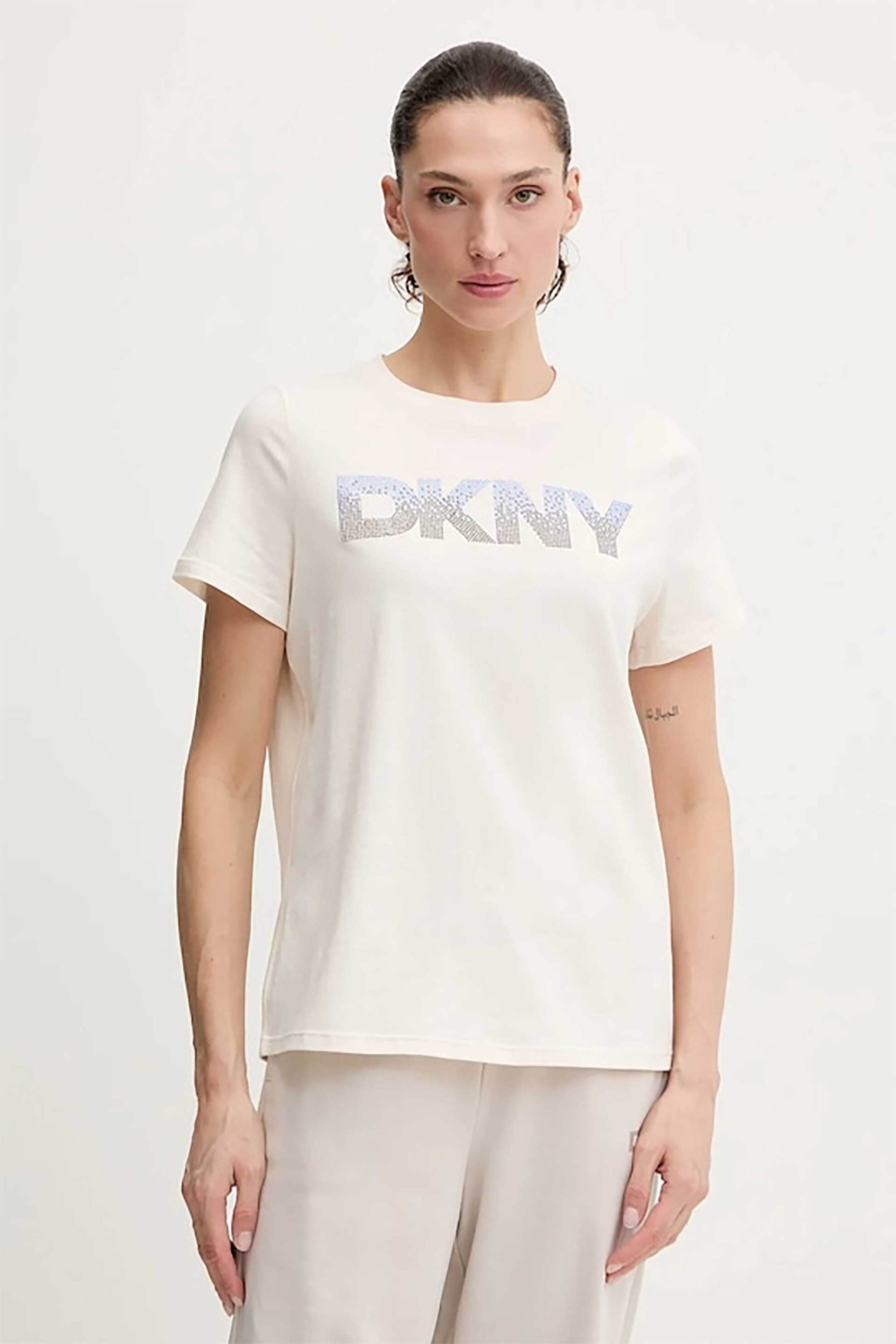 DKNY γυναικείο T-shirt με logo print απο στρας - DP6T1557 Μπεζ