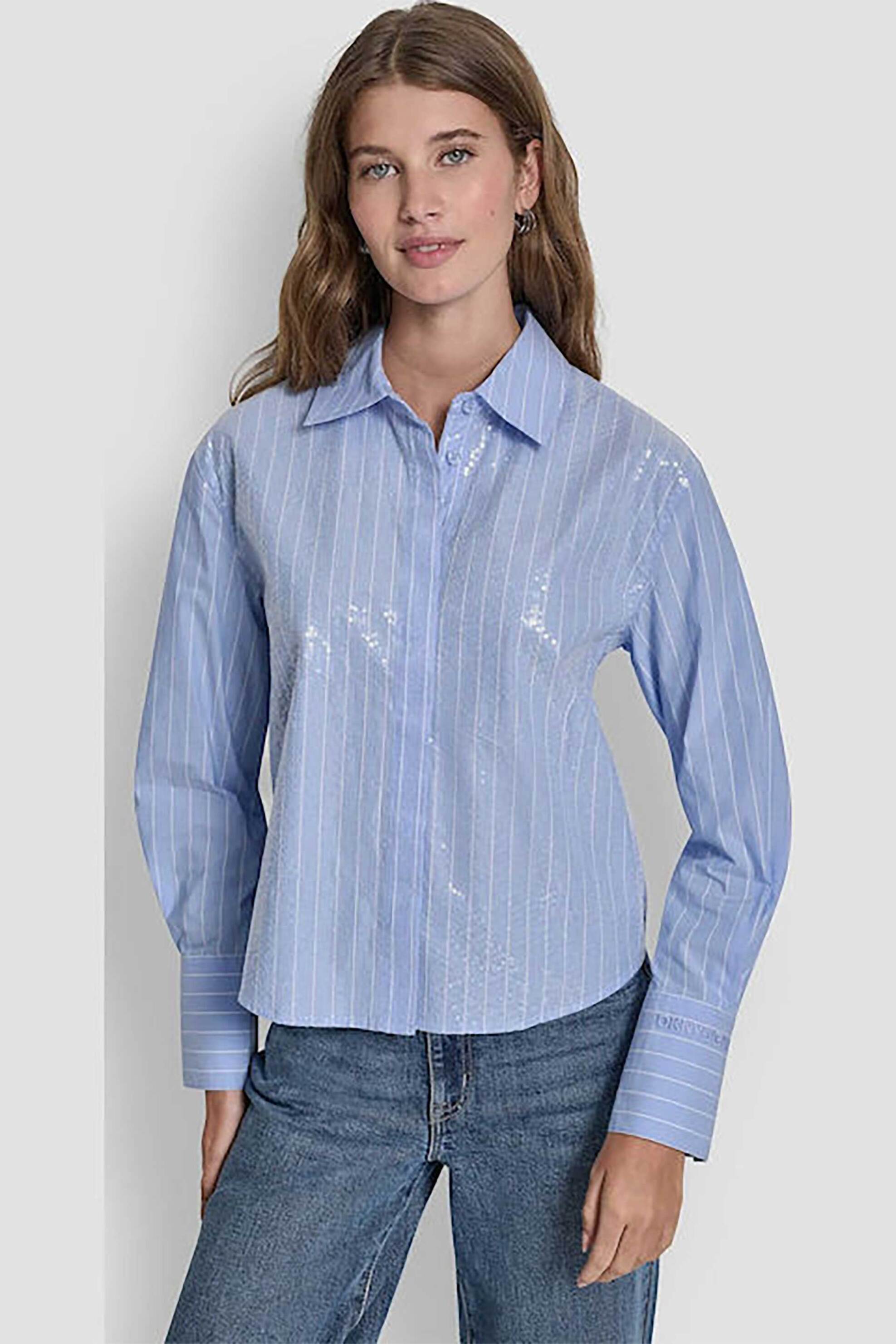 DKNY γυναικείο πουκάμισο με ριγέ σχέδιο και λαμπερή όψη - DJ6W2204 Γαλάζιο