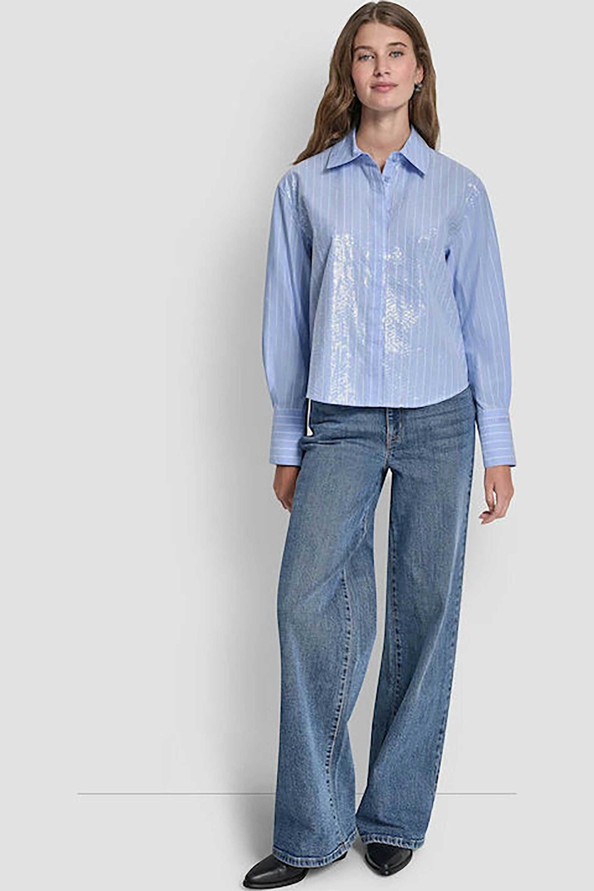 DKNY DKNY γυναικείο πουκάμισο με ριγέ σχέδιο και λαμπερή όψη - DJ6W2204 Γαλάζιο - 3