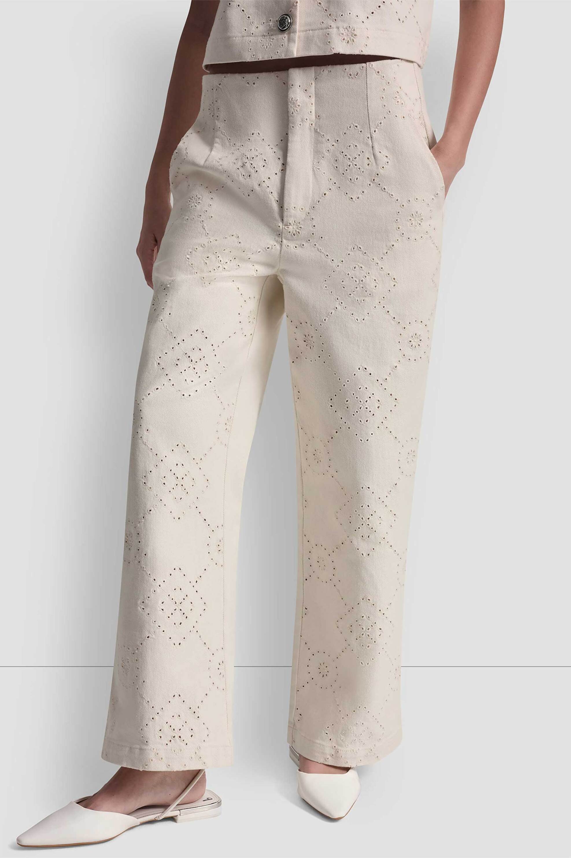 DKNY DKNY γυναικείο παντελόνι με διάτρητο σχέδιο Wide Leg - DJ6P3135 Εκρού - 2