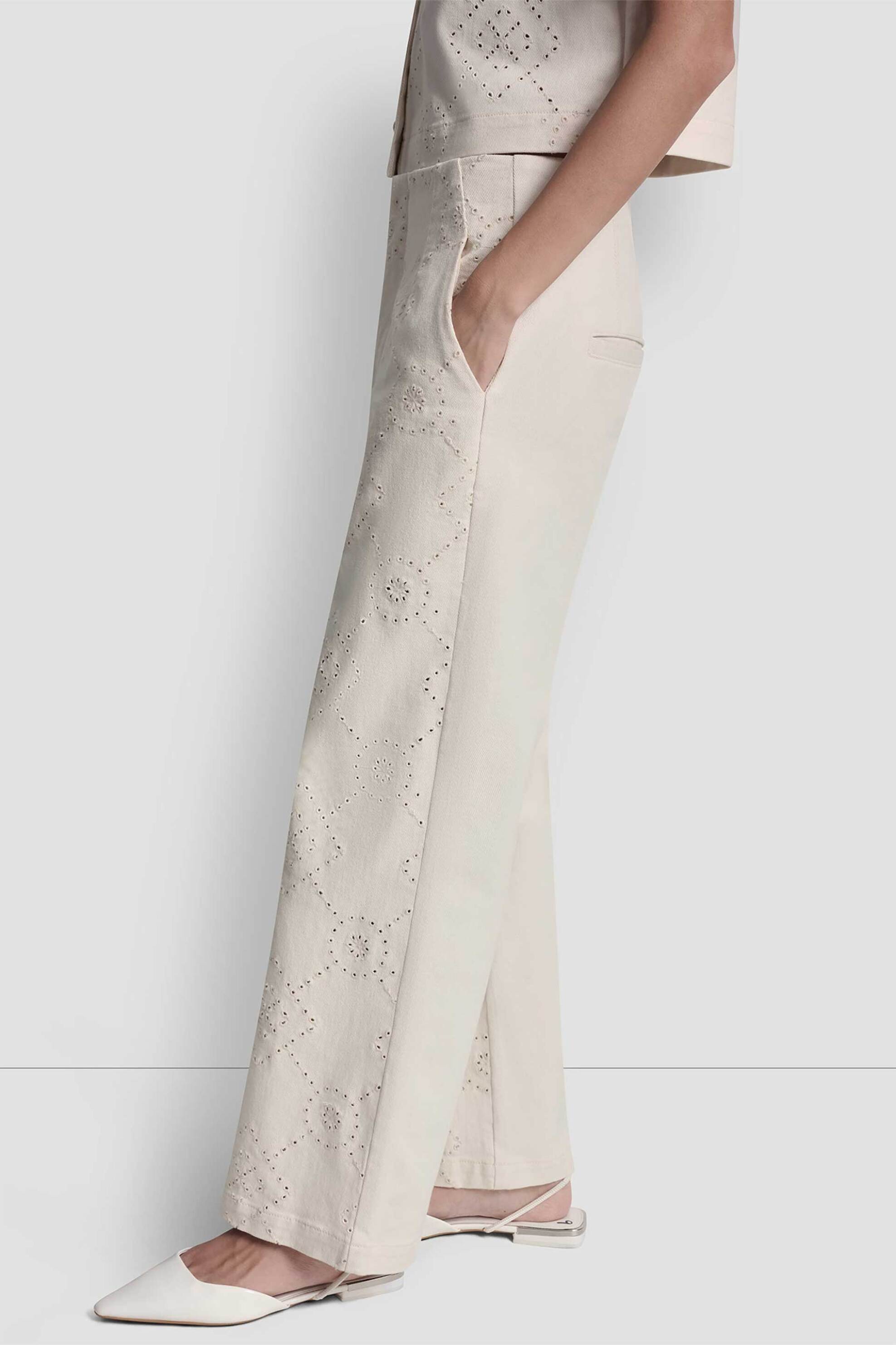 DKNY DKNY γυναικείο παντελόνι με διάτρητο σχέδιο Wide Leg - DJ6P3135 Εκρού - 3