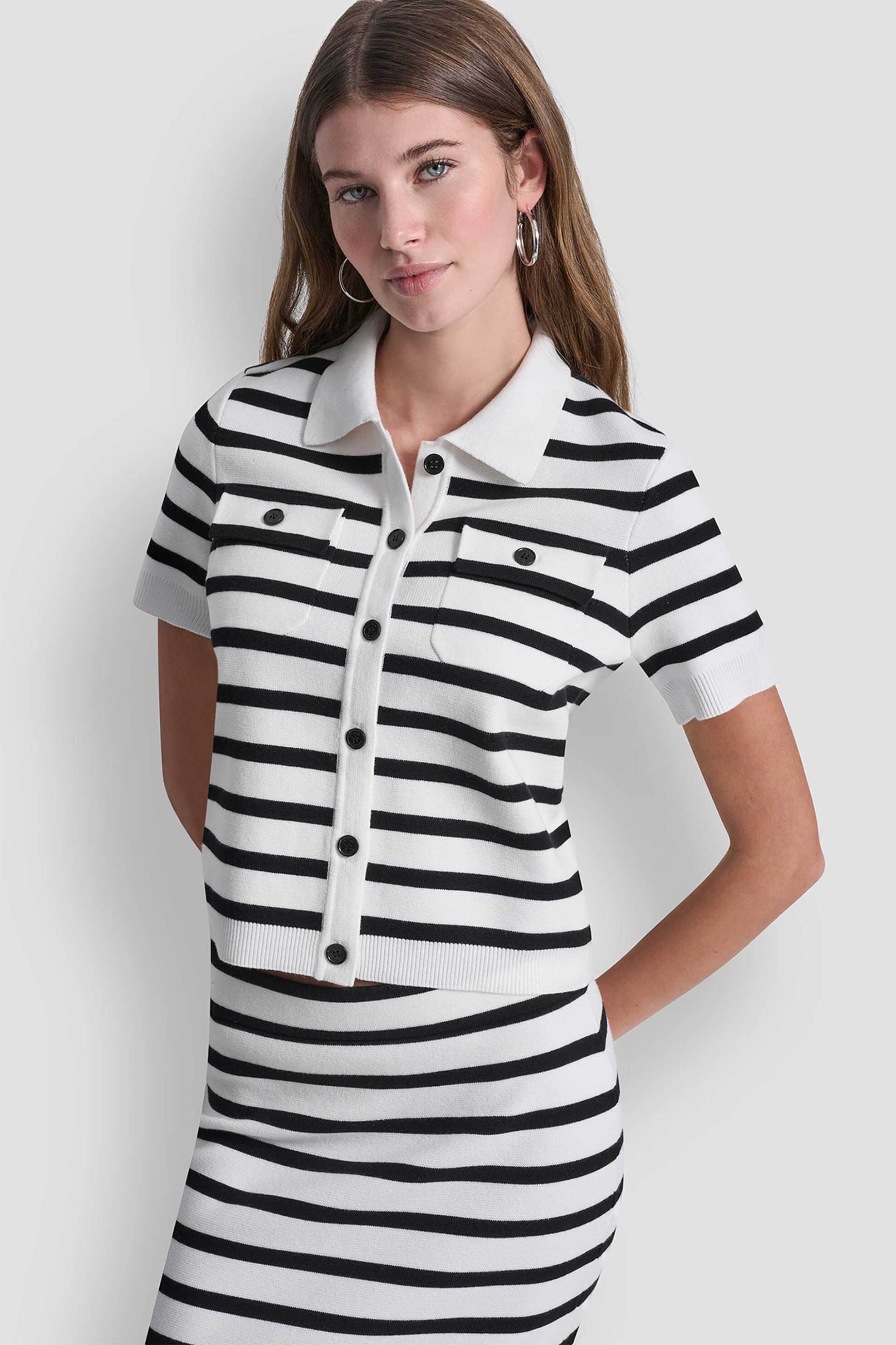 DKNY γυναικεία πλεκτή ζακέτα ριγέ - DJ6R0160 Λευκό
