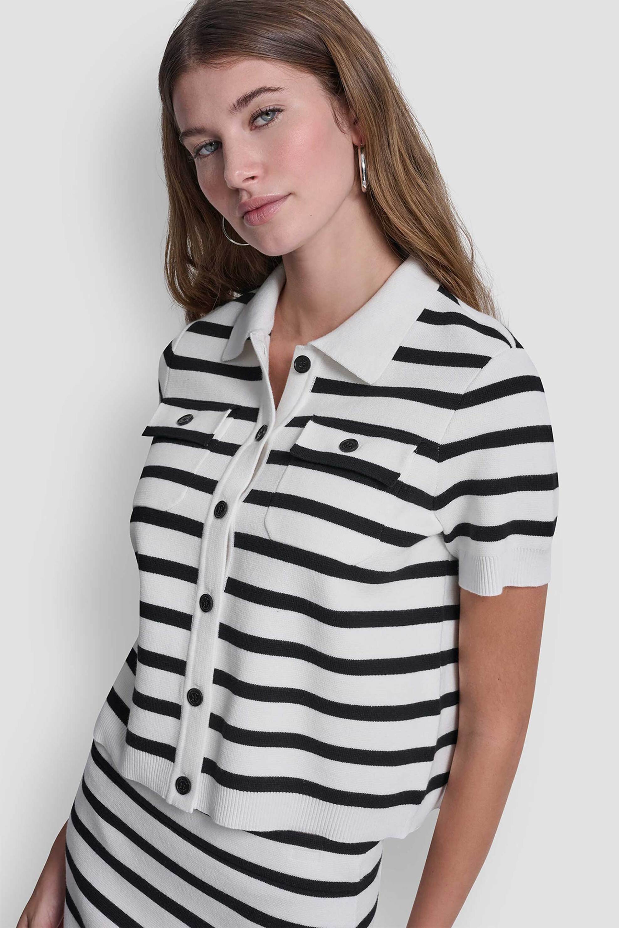 DKNY DKNY γυναικεία πλεκτή ζακέτα ριγέ - DJ6R0160 Λευκό - 2