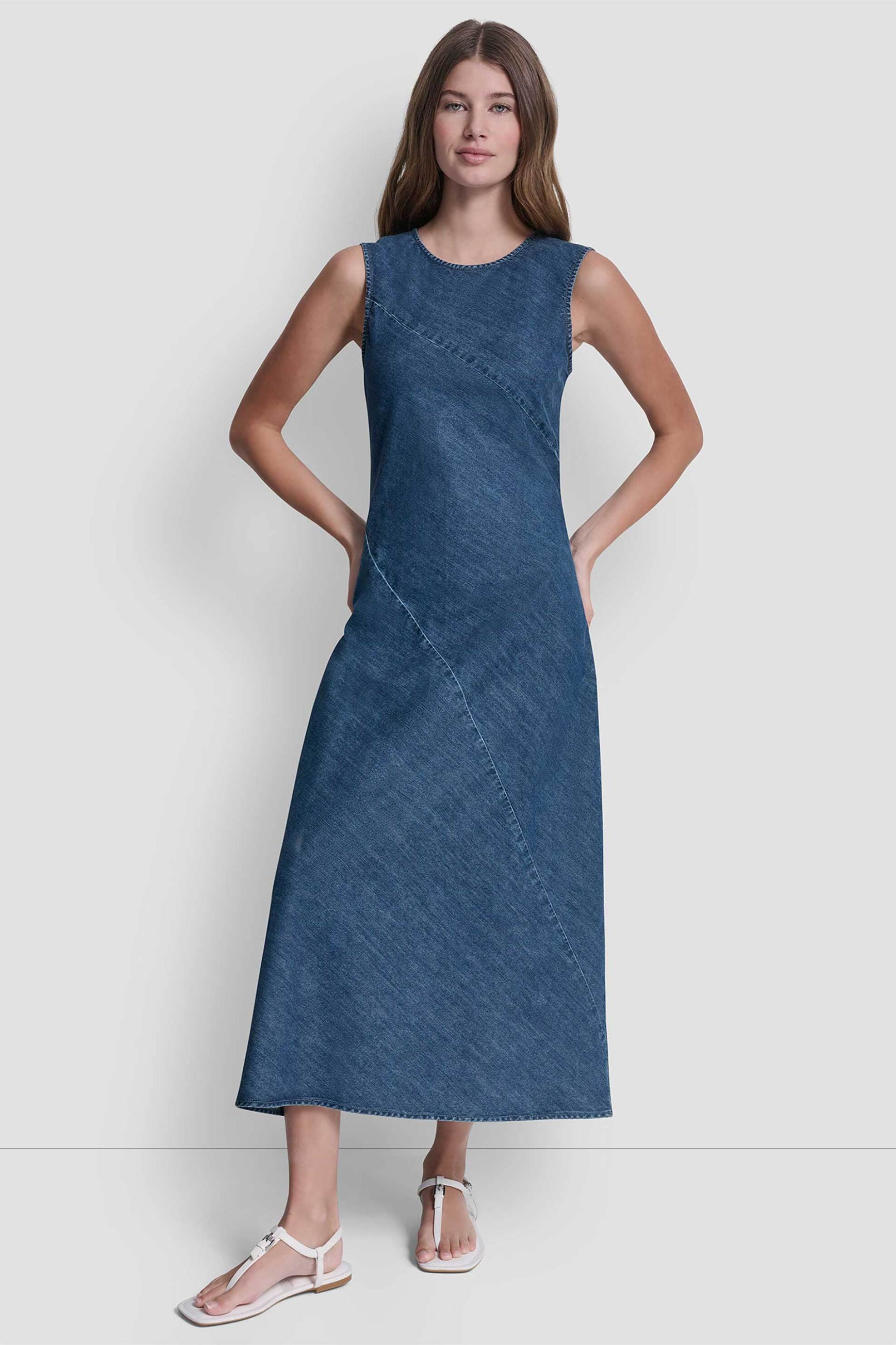 DKNY γυναικείο midi denim φόρεμα αμάνικο - DJ6D9187 Denim Blue