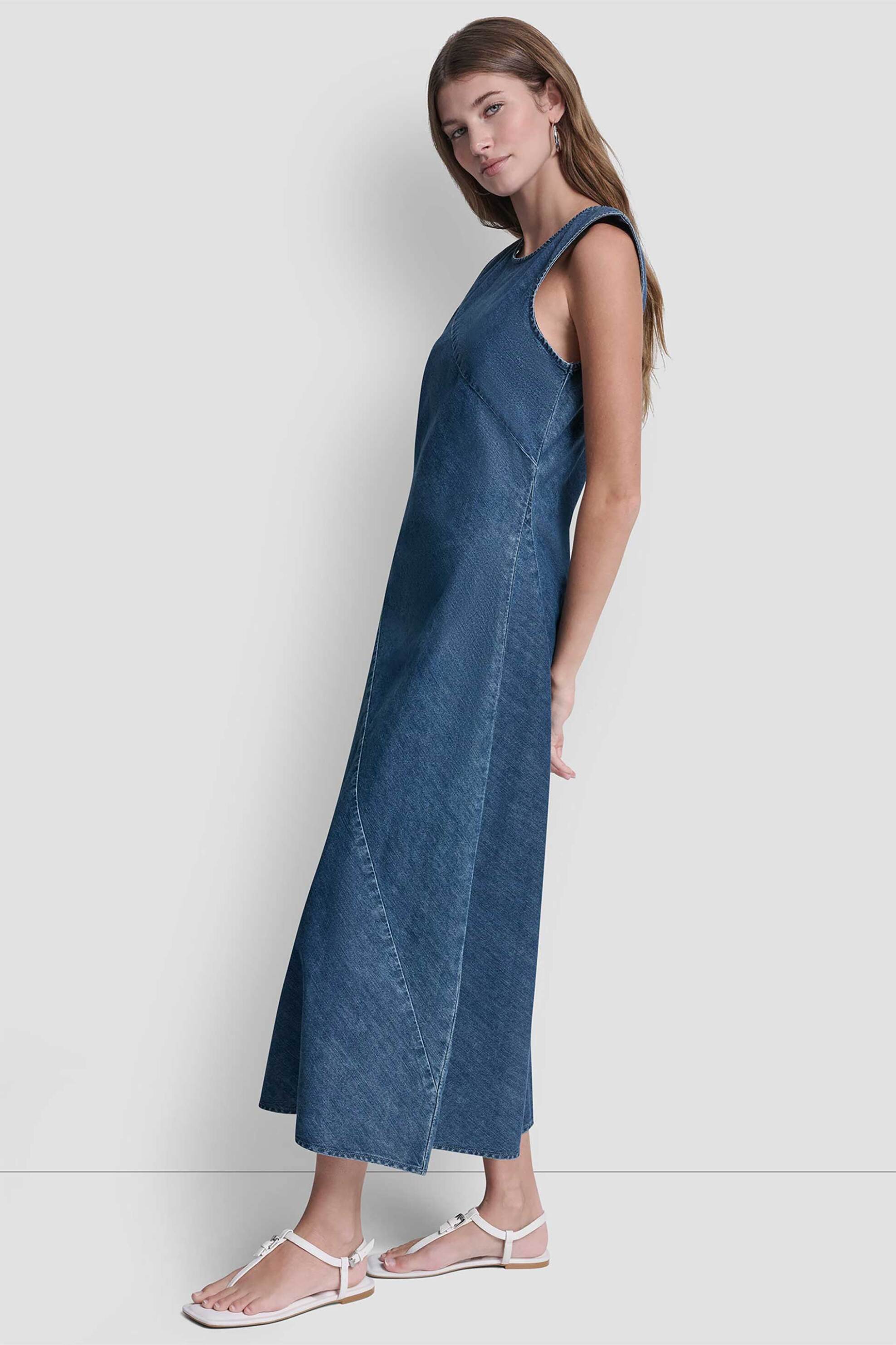 DKNY γυναικείο midi denim φόρεμα αμάνικο - DJ6D9187 Denim Blue