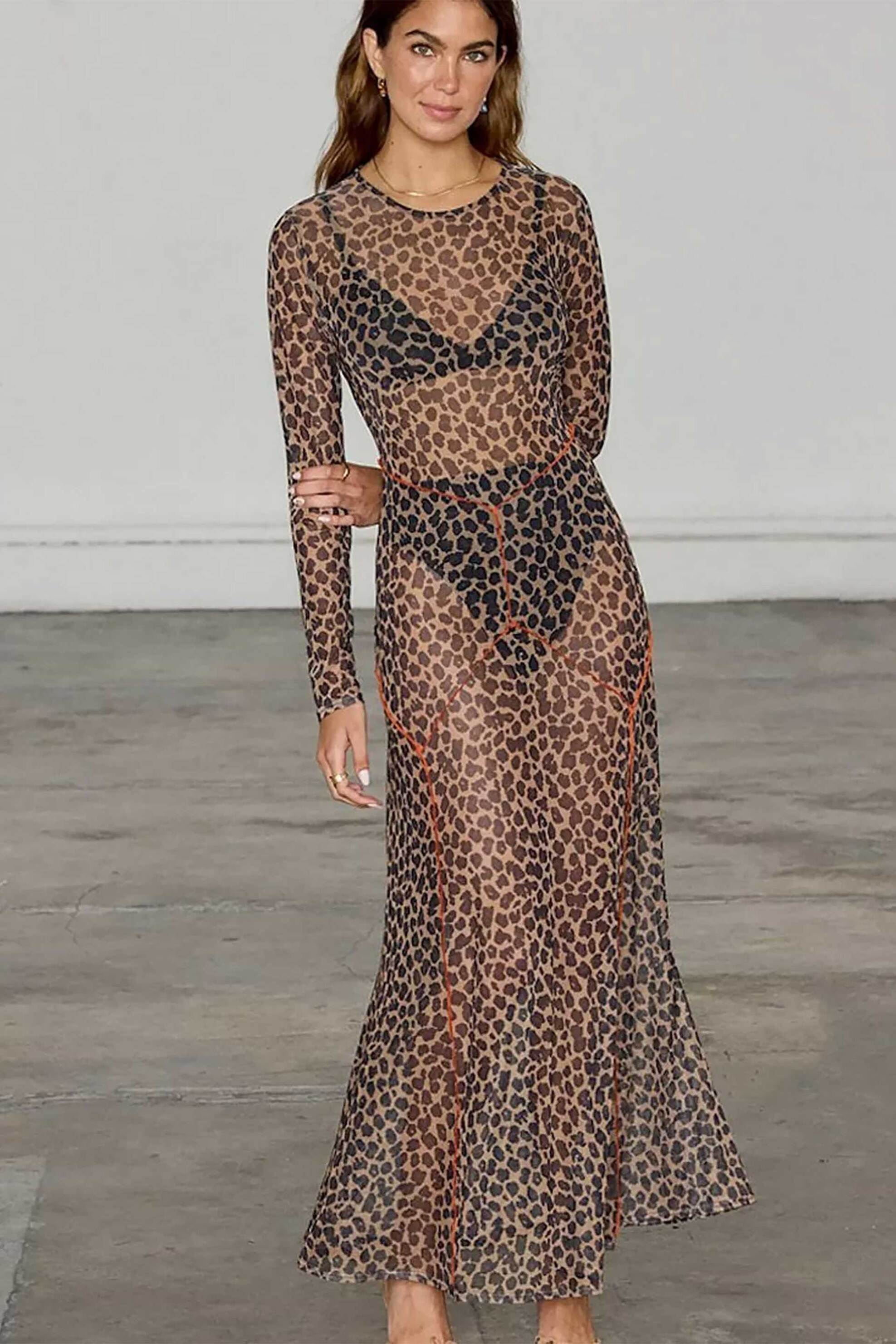 NEVER FULLY DRESSED Never Fully Dressed γυναικείο maxi φόρεμα με leopard print και ημιδιαφάνεια "Cleo" - NFDDR1761BN08 Καφέ