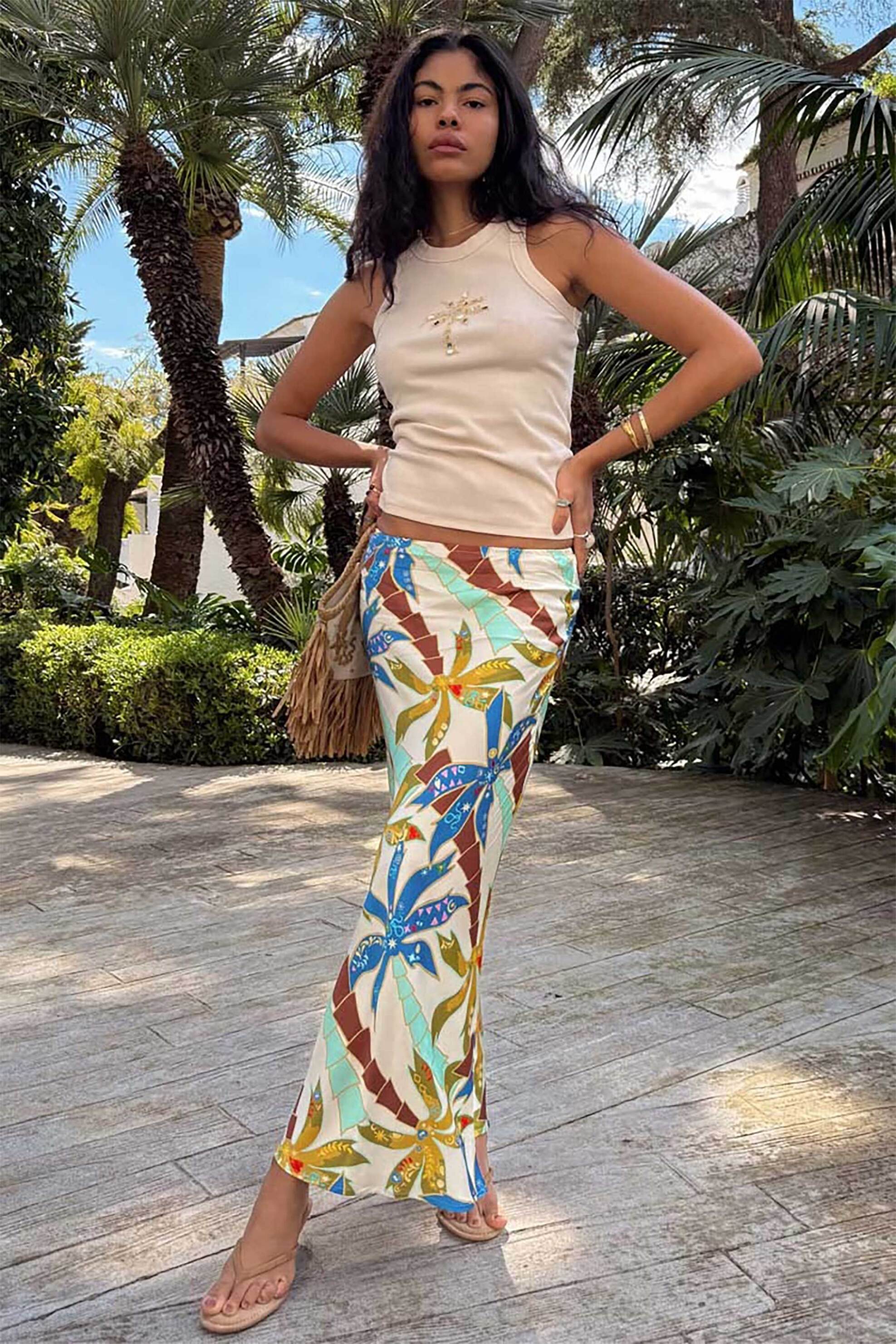 NEVER FULLY DRESSED Never Fully Dressed γυναικεία maxi φούστα με palm print - NFDSK654BL08 Πολύχρωμο - 3