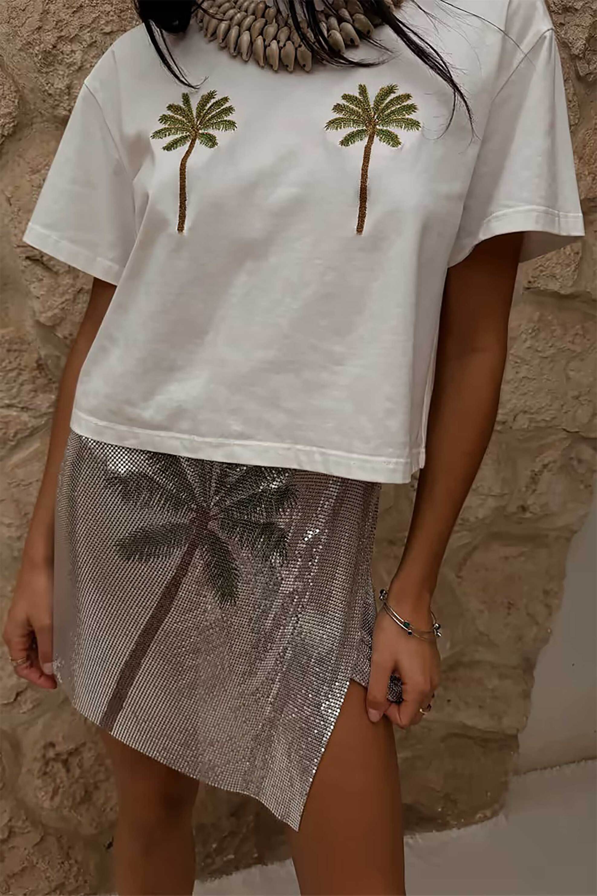 NEVER FULLY DRESSED Never Fully Dressed γυναικείο T-shirt με κέντημα Palm Boob - NFDTO1726WELL Λευκό - 2