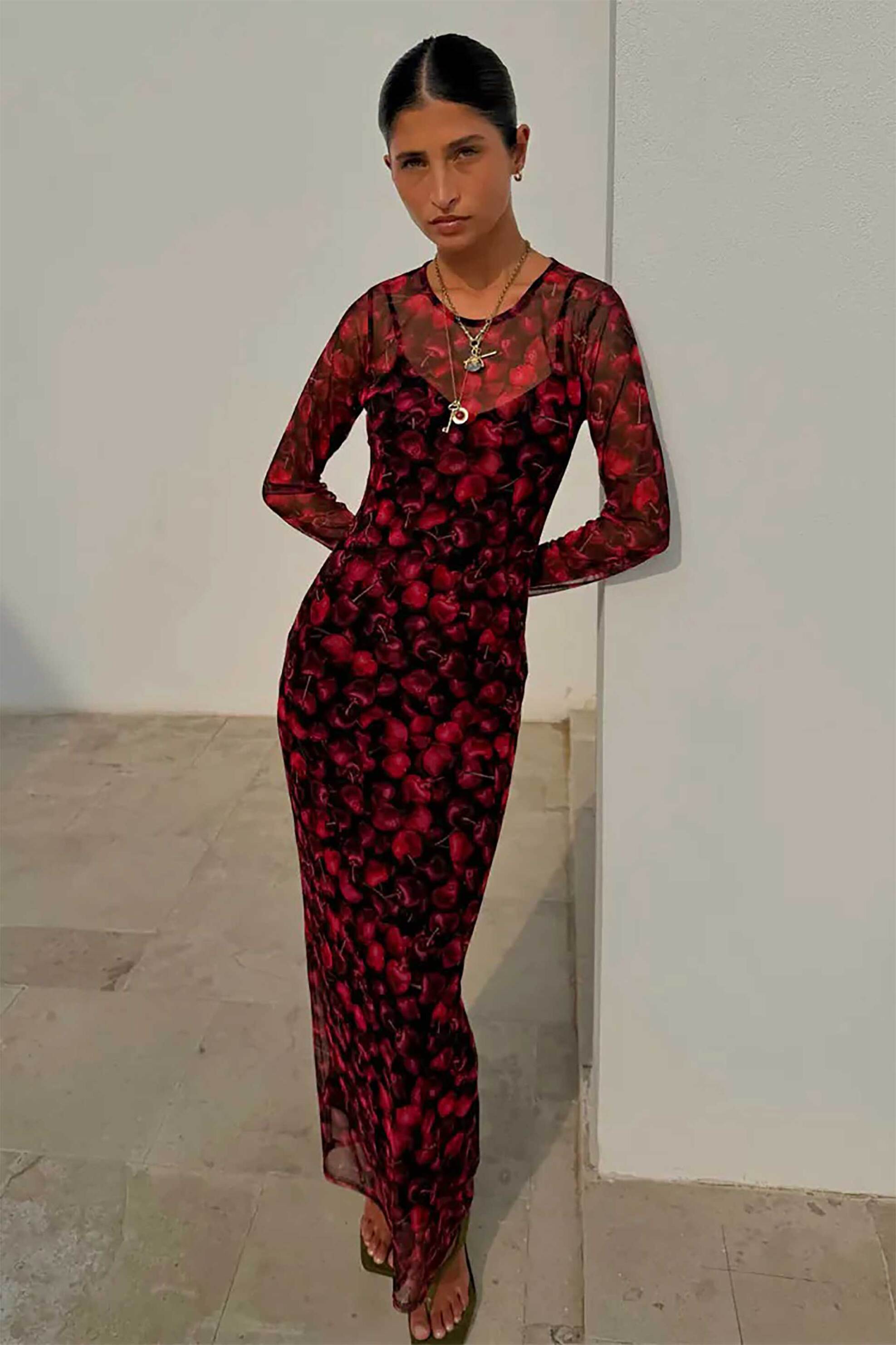 Never Fully Dressed γυναικείο maxi φόρεμα με cherry print "Cherry Mesh Soho" - NFDDR3167RD10 Κόκκινο