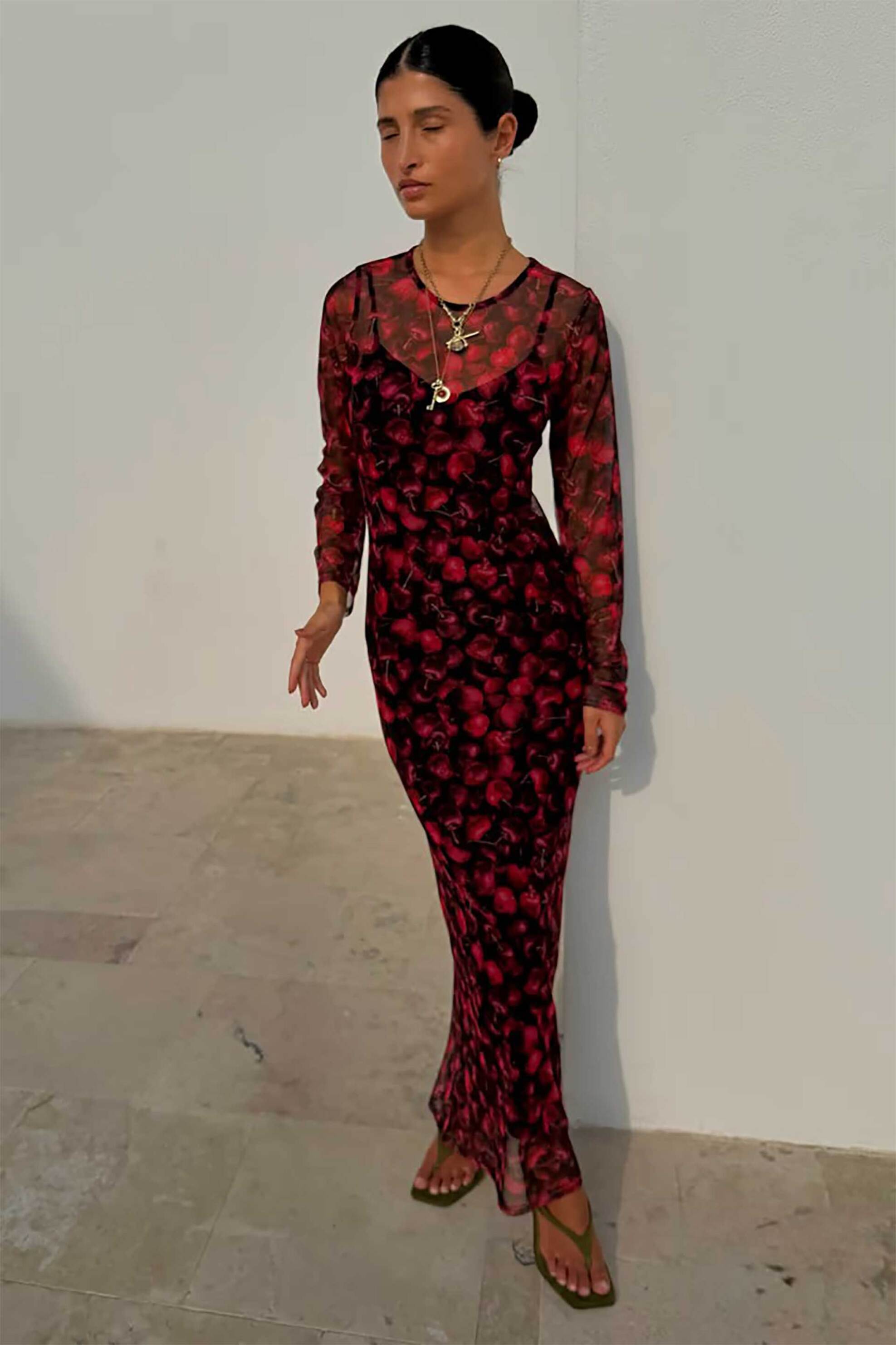 Never Fully Dressed γυναικείο maxi φόρεμα με cherry print "Cherry Mesh Soho" - NFDDR3167RD10 Κόκκινο φωτογραφία