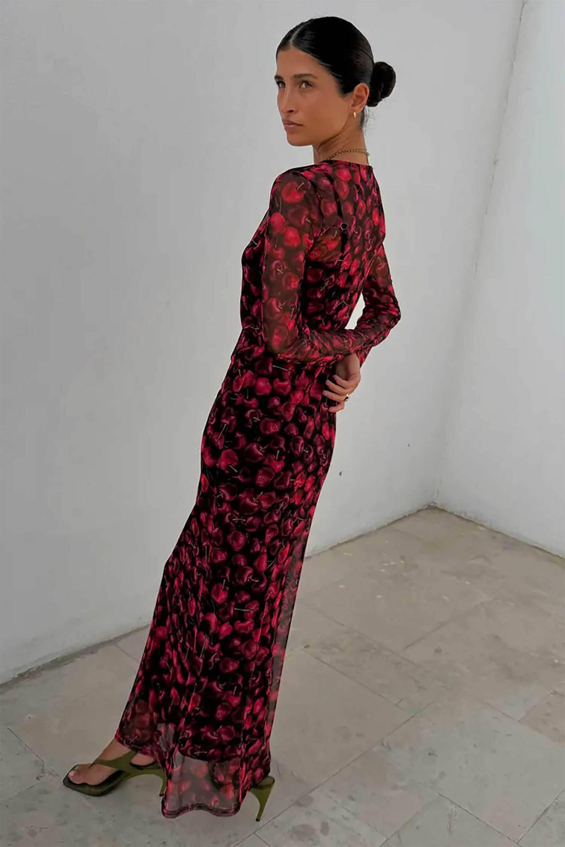 Never Fully Dressed γυναικείο maxi φόρεμα με cherry print "Cherry Mesh Soho" - NFDDR3167RD10 Κόκκινο φωτογραφία