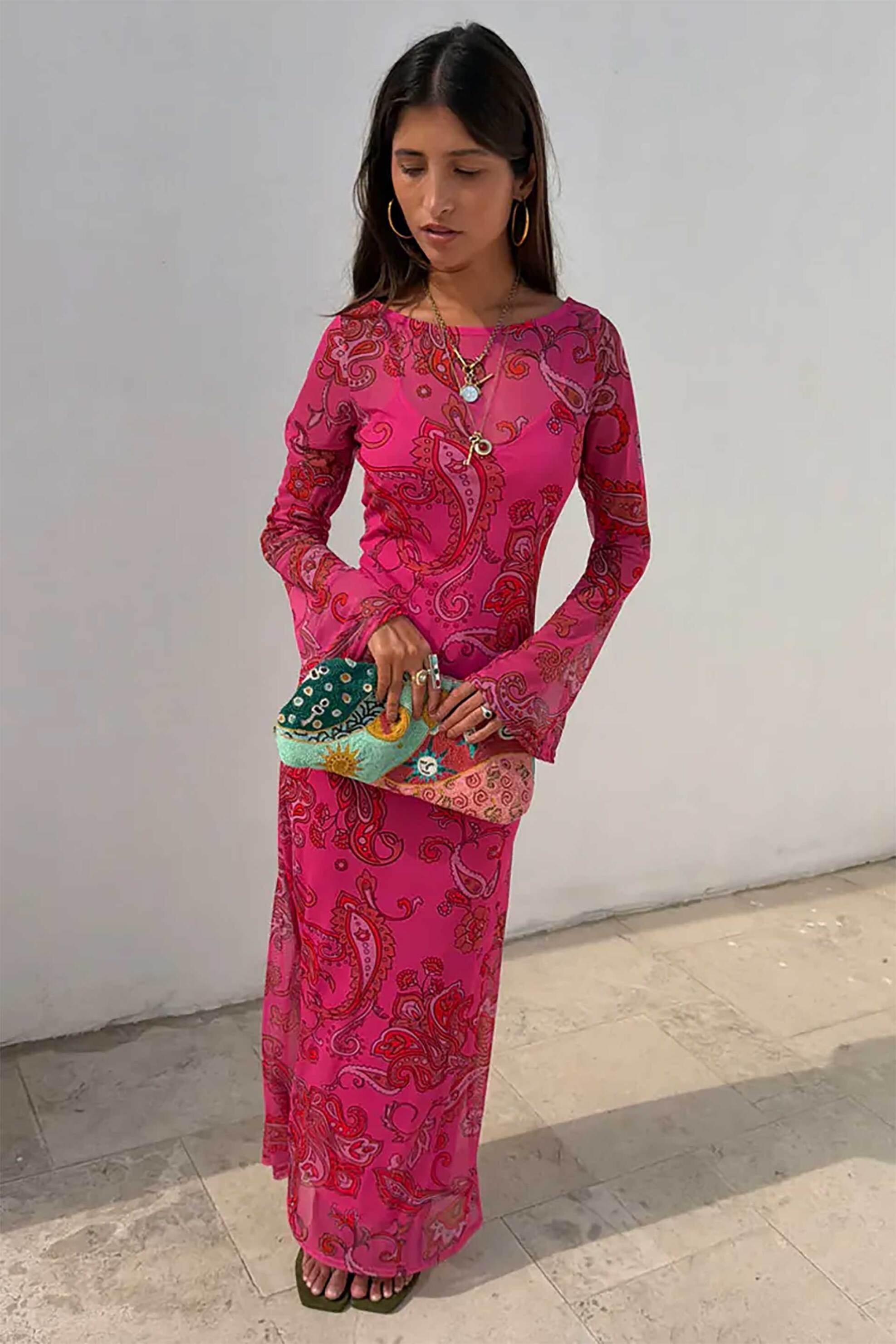 Never Fully Dressed γυναικείο maxi φόρεμα με paisley print "Pink Paisley Mesh" - NFDDR3258PK08 Φούξια