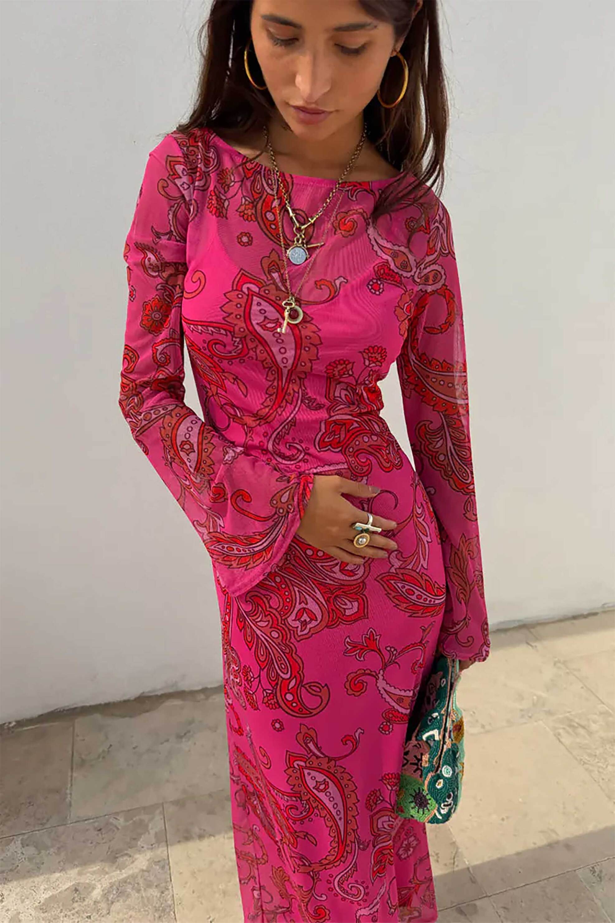 Never Fully Dressed γυναικείο maxi φόρεμα με paisley print "Pink Paisley Mesh" - NFDDR3258PK08 Φούξια φωτογραφία