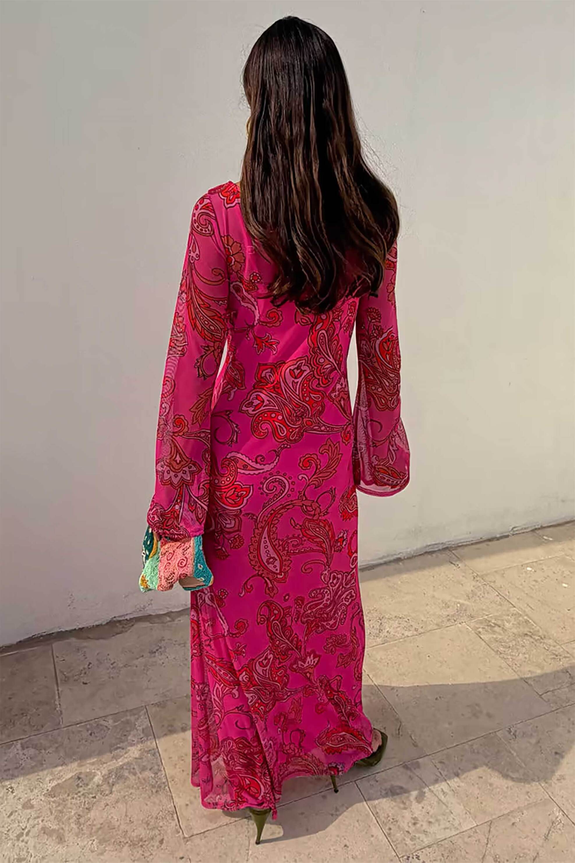 Never Fully Dressed Γυναικείο Maxi Φόρεμα με Paisley Print Pink Mesh - Nfddr3258Pk08 Φούξια