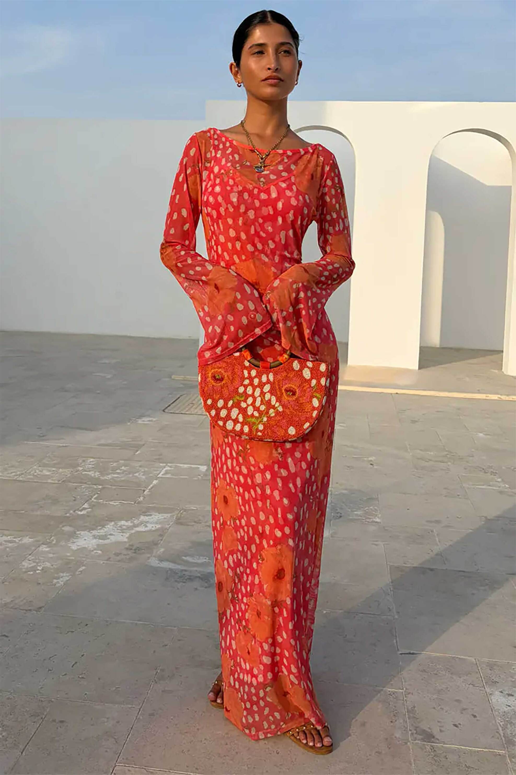 Never Fully Dressed γυναικείο maxi φόρεμα με print "Coral Fawn Poppy Aria" - NFDDR3422CR08 Κοραλί φωτογραφία