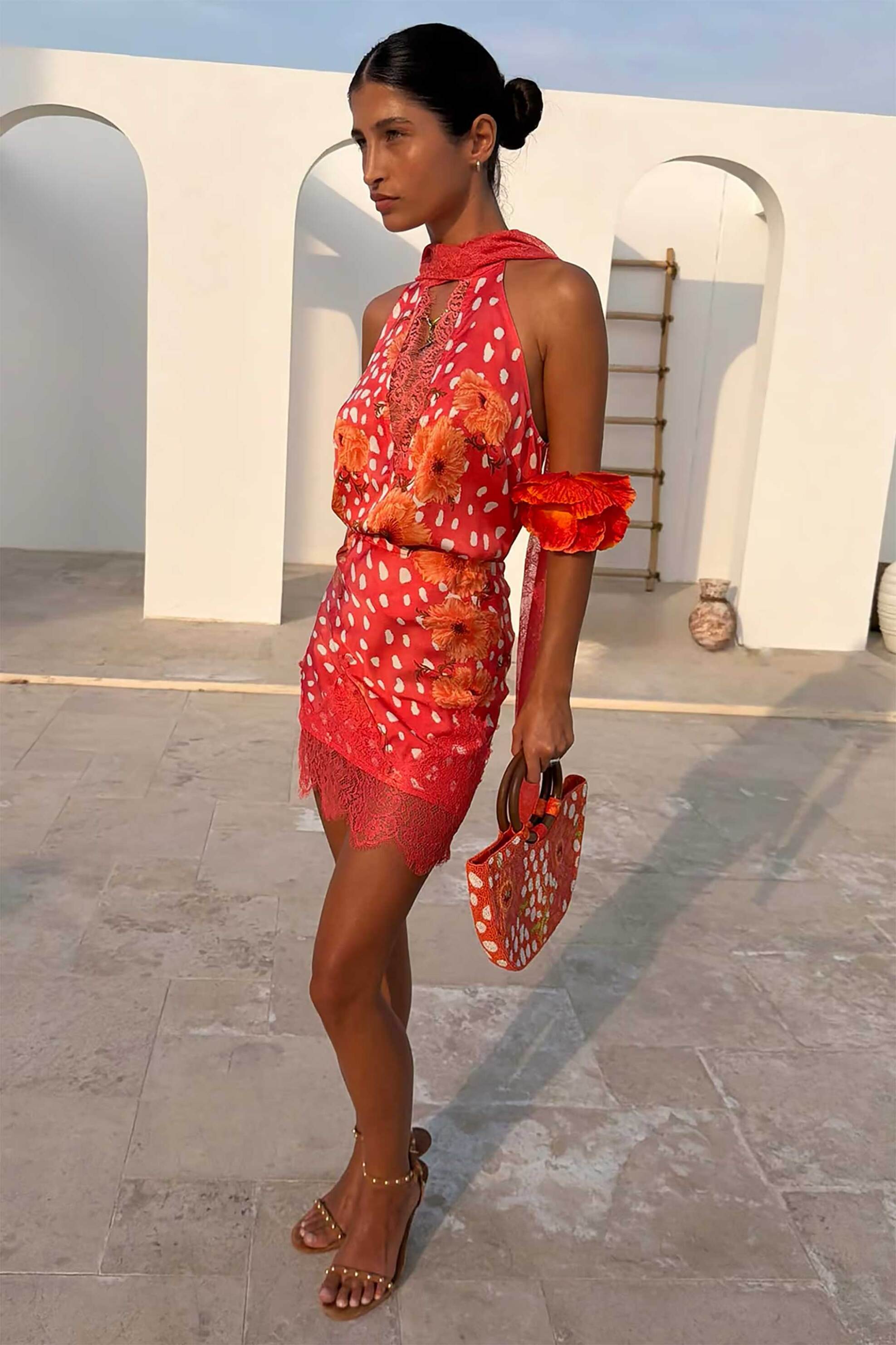 Never Fully Dressed γυναικεία mini φούστα με print και δαντέλα "Coral Fawn Poppy Mini Maeva" - NFDSK864PK08 Κοραλί φωτογραφία
