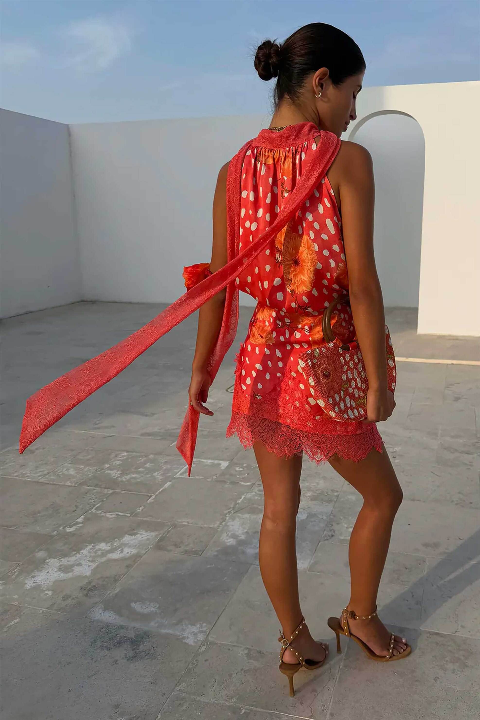 Never Fully Dressed Γυναικεία Mini Φούστα με Print Και Δαντέλα Coral Fawn Poppy Maeva - Nfdsk864Pk08 Κοραλί