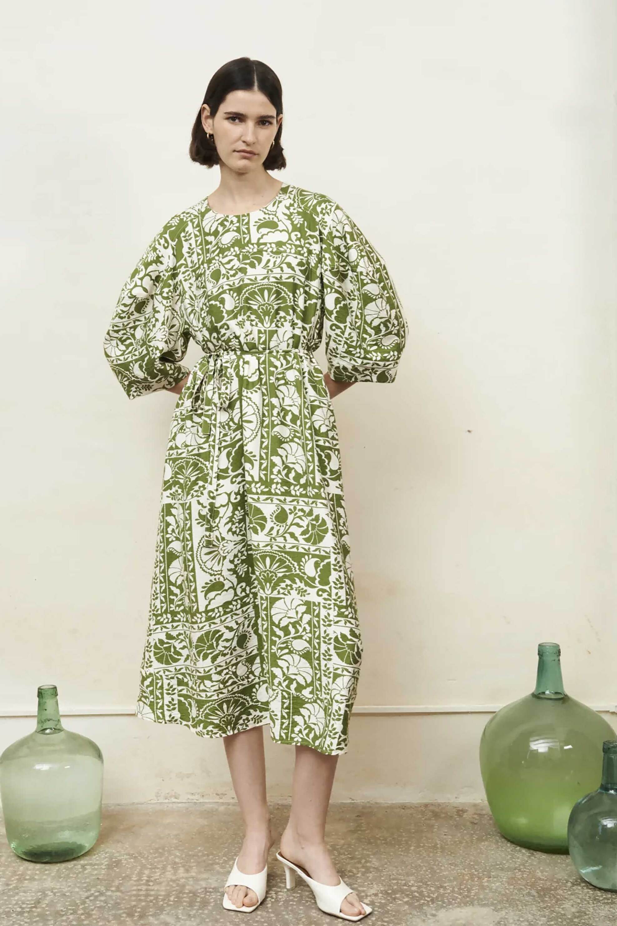 JOVONNA LONDON Jovonna London γυναικείο midi φόρεμα με floral print "Levico" - LEVICO/DRESS/SS25 Πράσινο