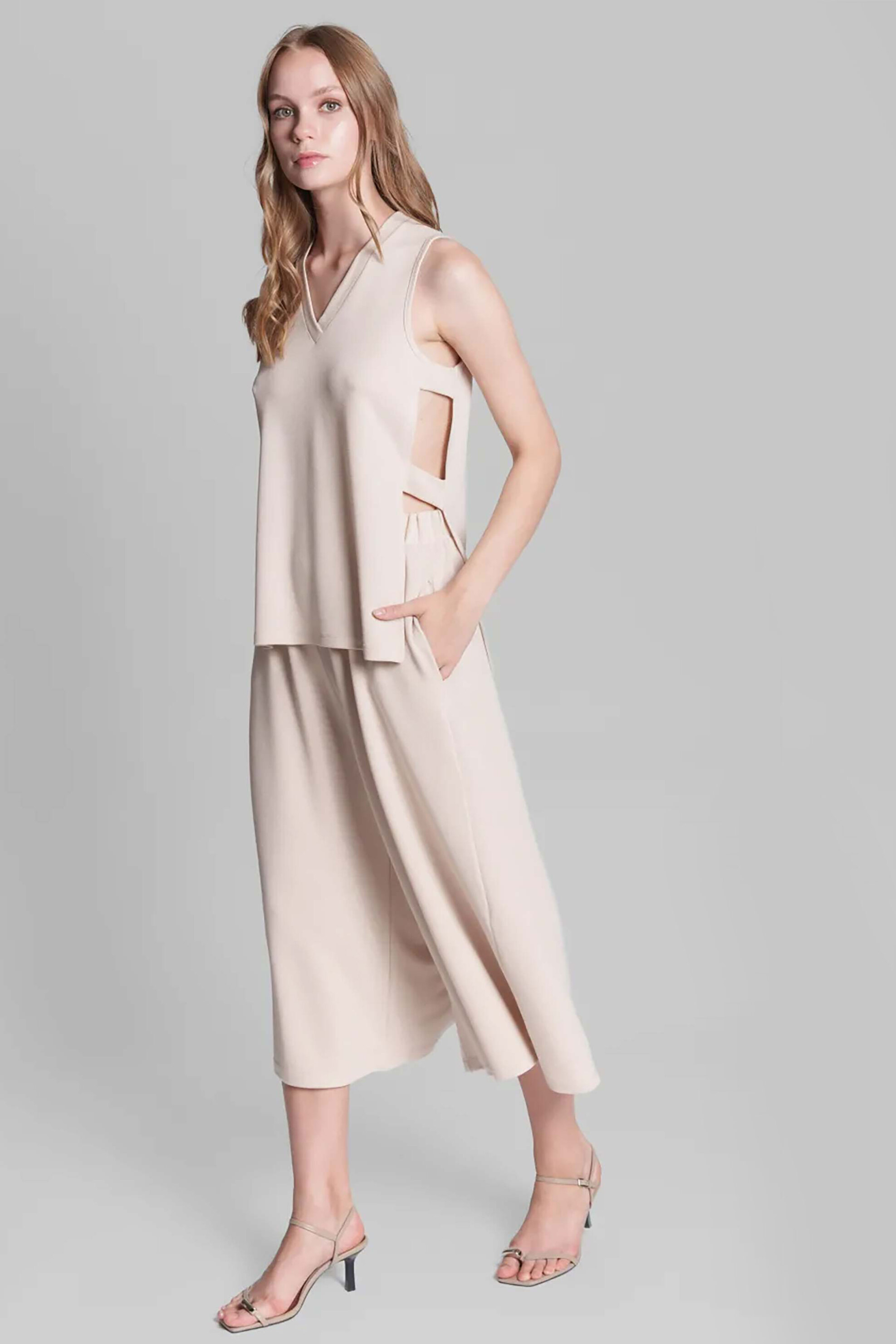Collectiva Noir γυναικείο παντελόνι μονόχρωμο cropped "Livia" - CN140D06KNL Μπεζ φωτογραφία