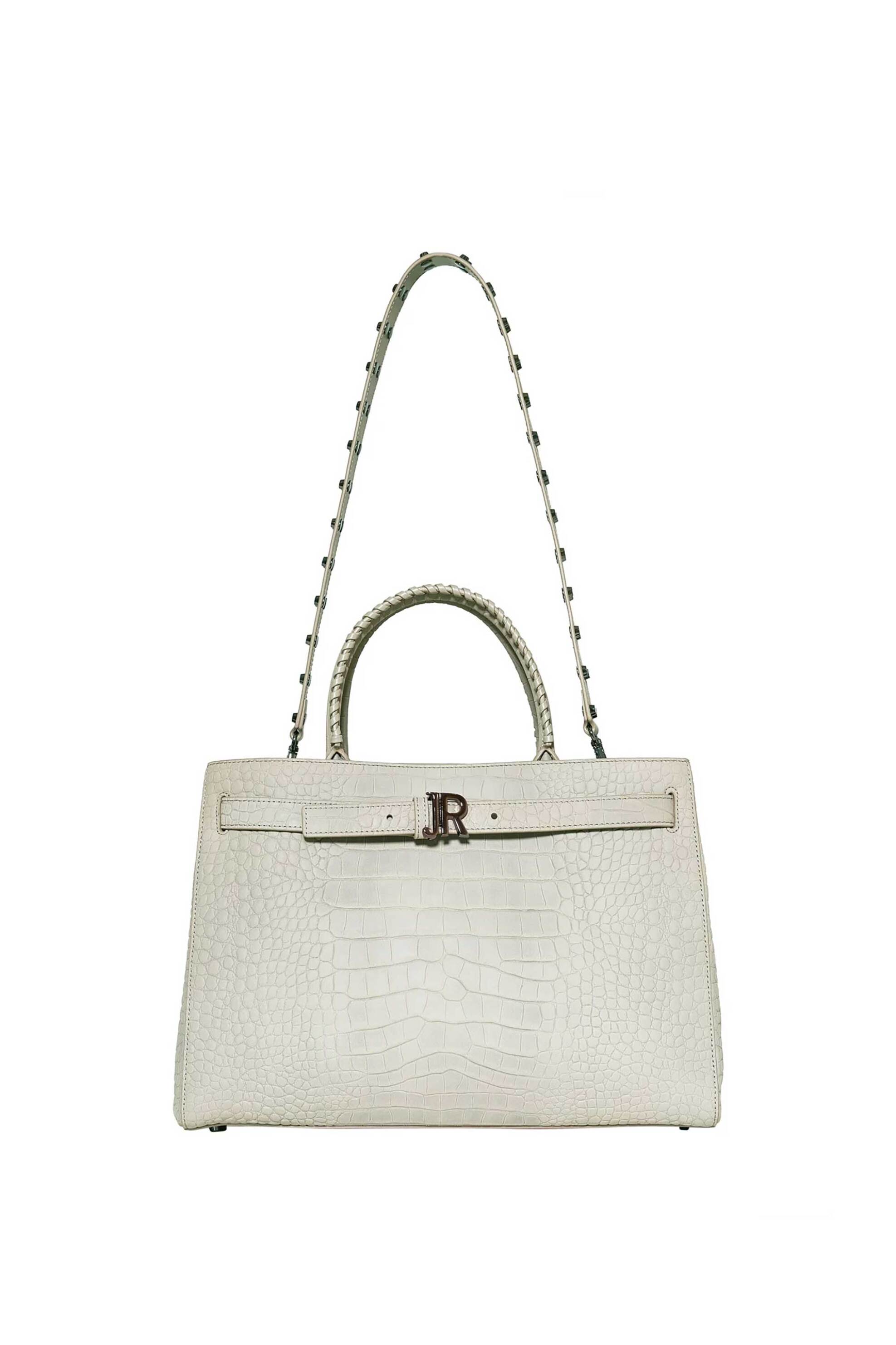 JOHN RICHMOND John Richmond γυναικεία δερμάτινη τσάντα χειρός με croco pattern και μεταλλικό monogram "Mahani" - RWP26215BO Εκρού