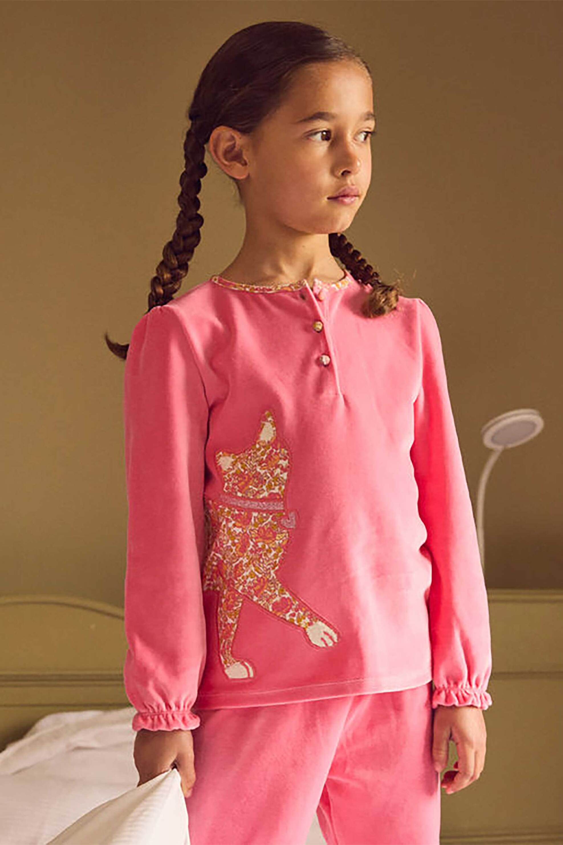 DPAM σετ παιδικές πιτζάμες με βελούδινη υφή και σχέδιο γατούλα (2 τεμάχια) - 365698 Ροζ