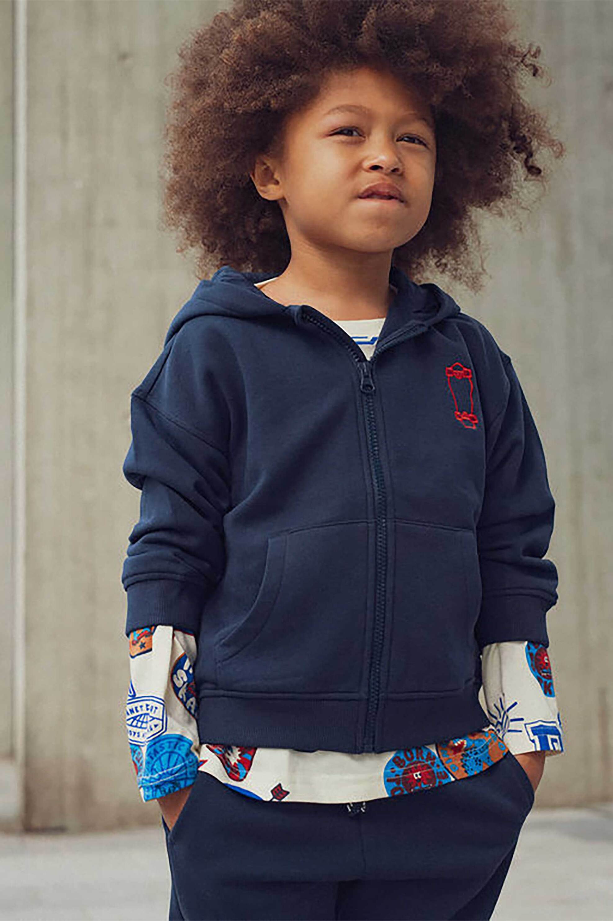 DPAM παιδική ζακέτα φούτερ με κουκούλα και κεντητό πατίνι - 365260 Μπλε Σκούρο