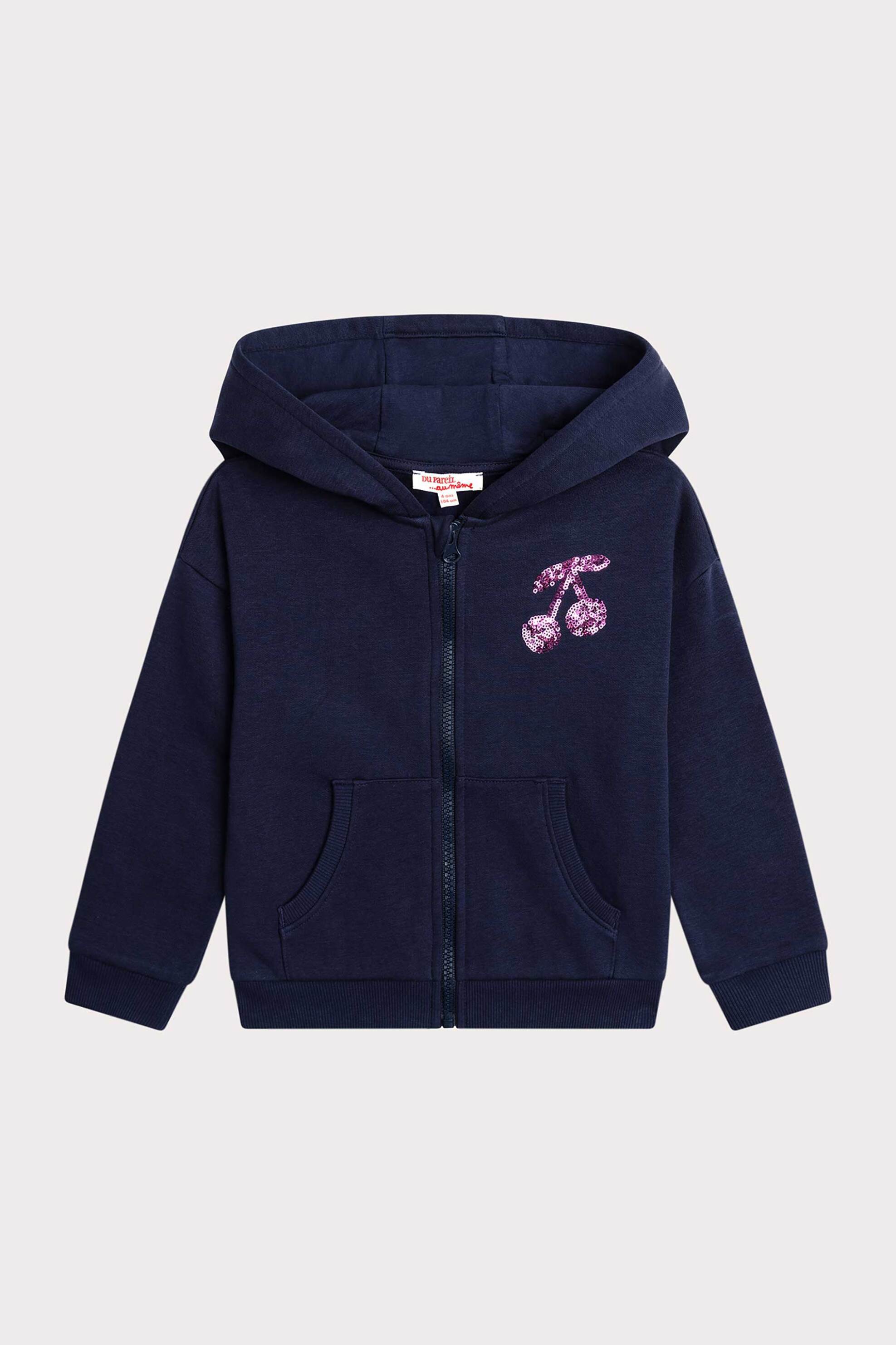 DPAM παιδική ζακέτα φούτερ μονόχρωμη με κουκούλα και σχέδιο κεράσια από παγιέτες - 365218 Μπλε Σκούρο